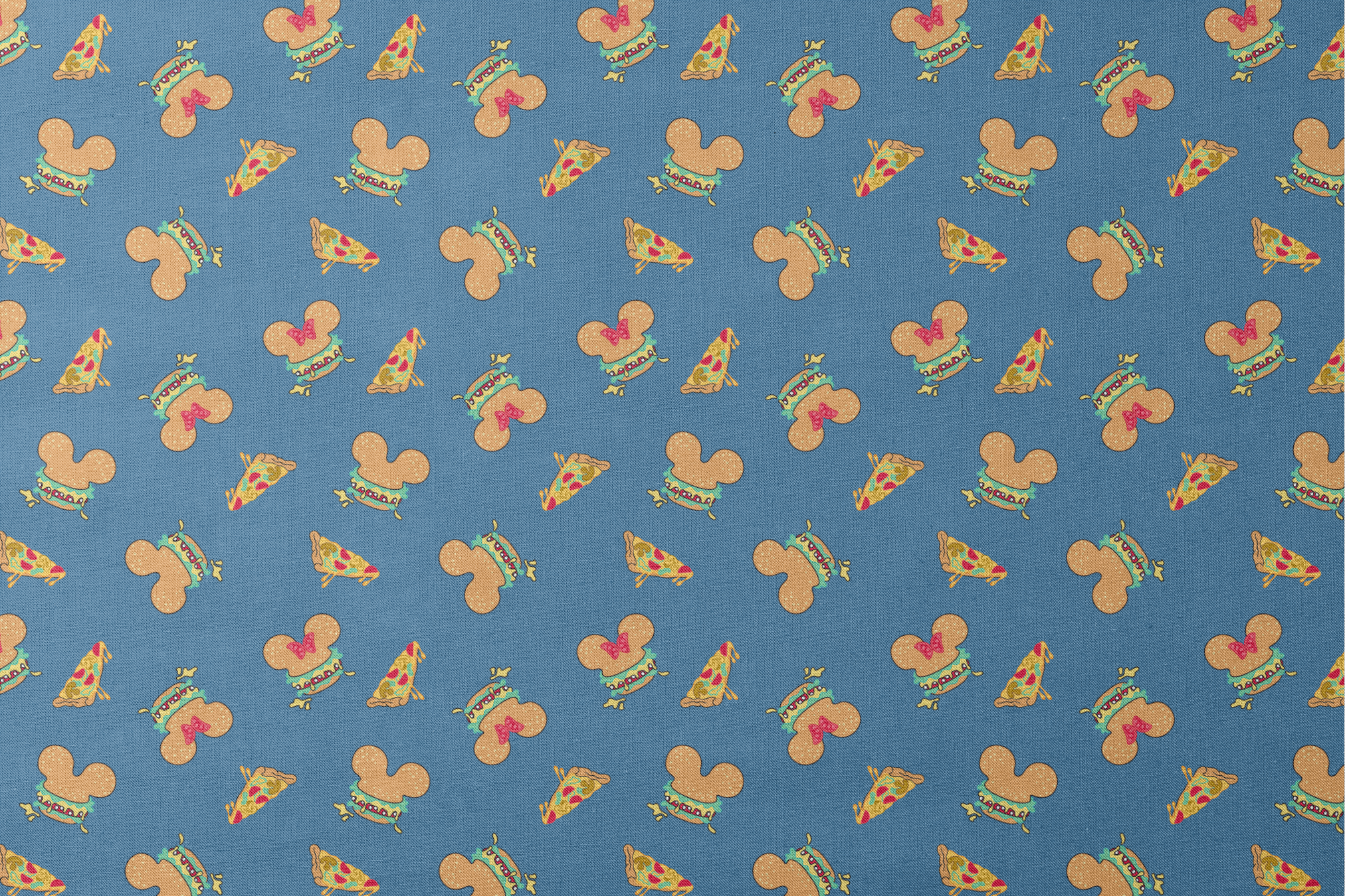 Pattern of Disney-inspired food items - hot dogs and pizza slices on blue background designs flat mockup
