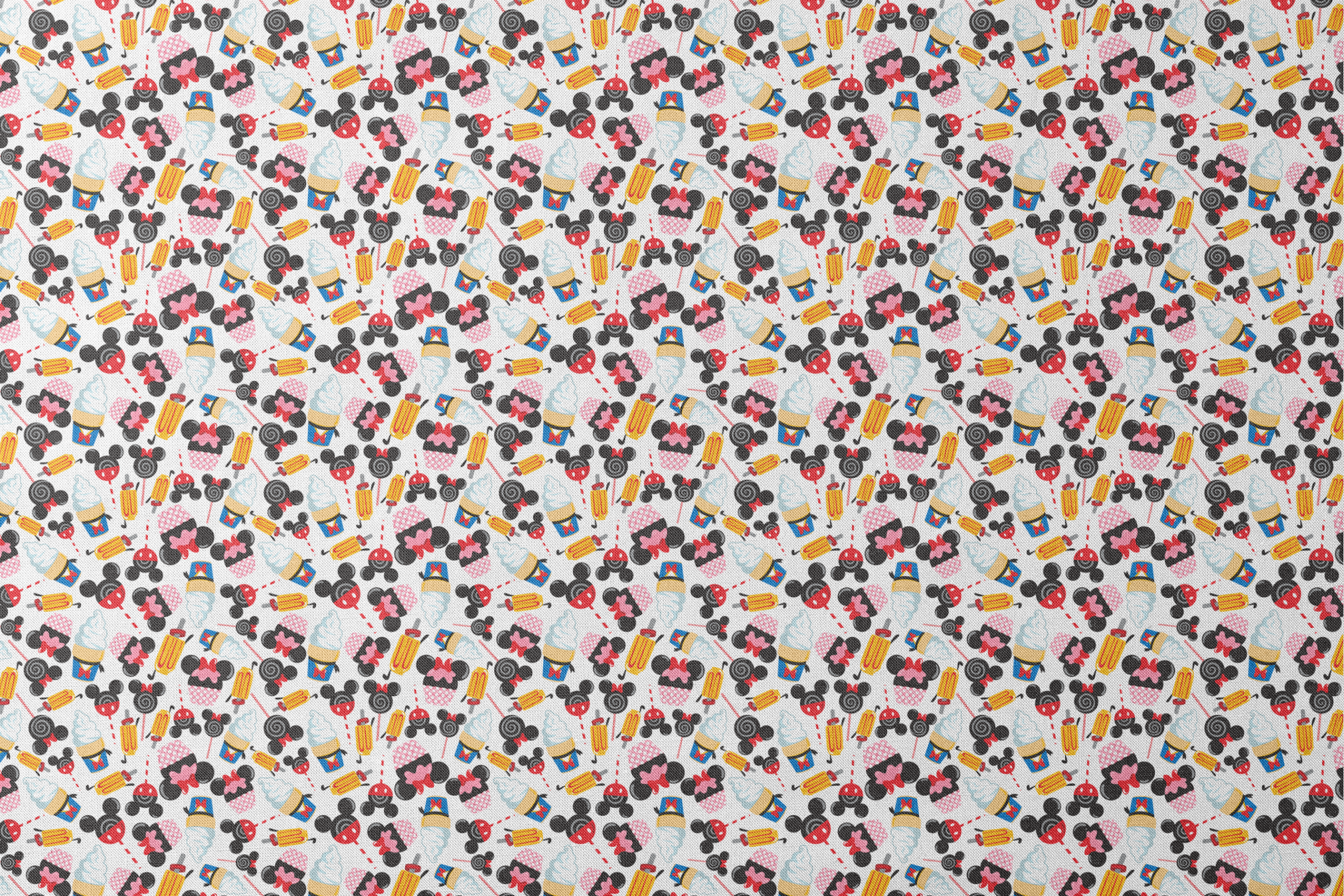 Disney-inspired pattern with ice cream cones and colorful swirled decorative elements on white background designs flat mockup