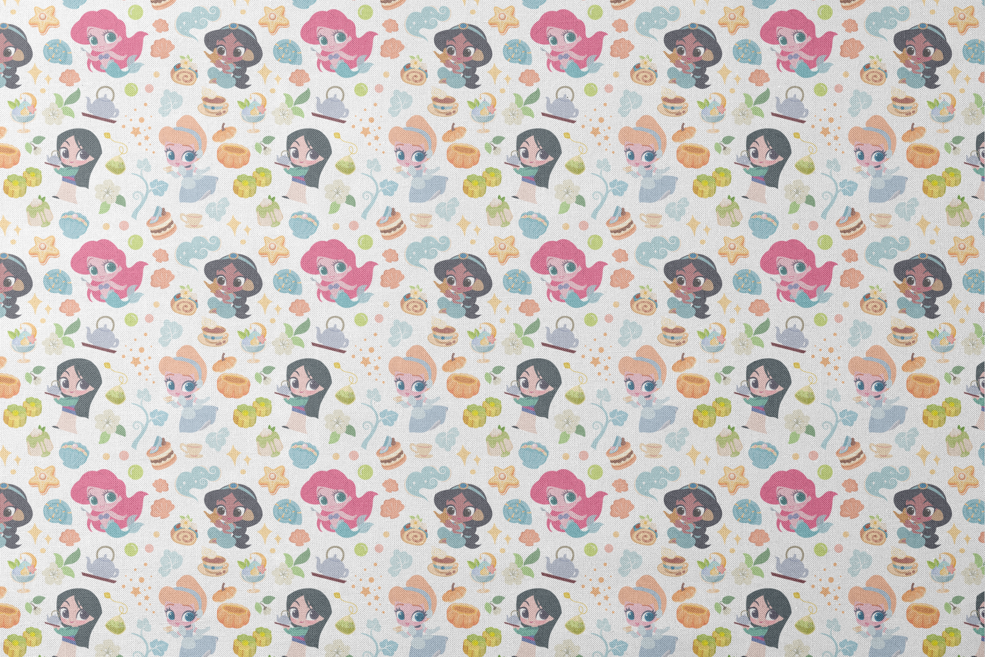 Disney Princess pattern with iconic characters, teapots, shells, sweets and gift boxes on white background designs flat mockup