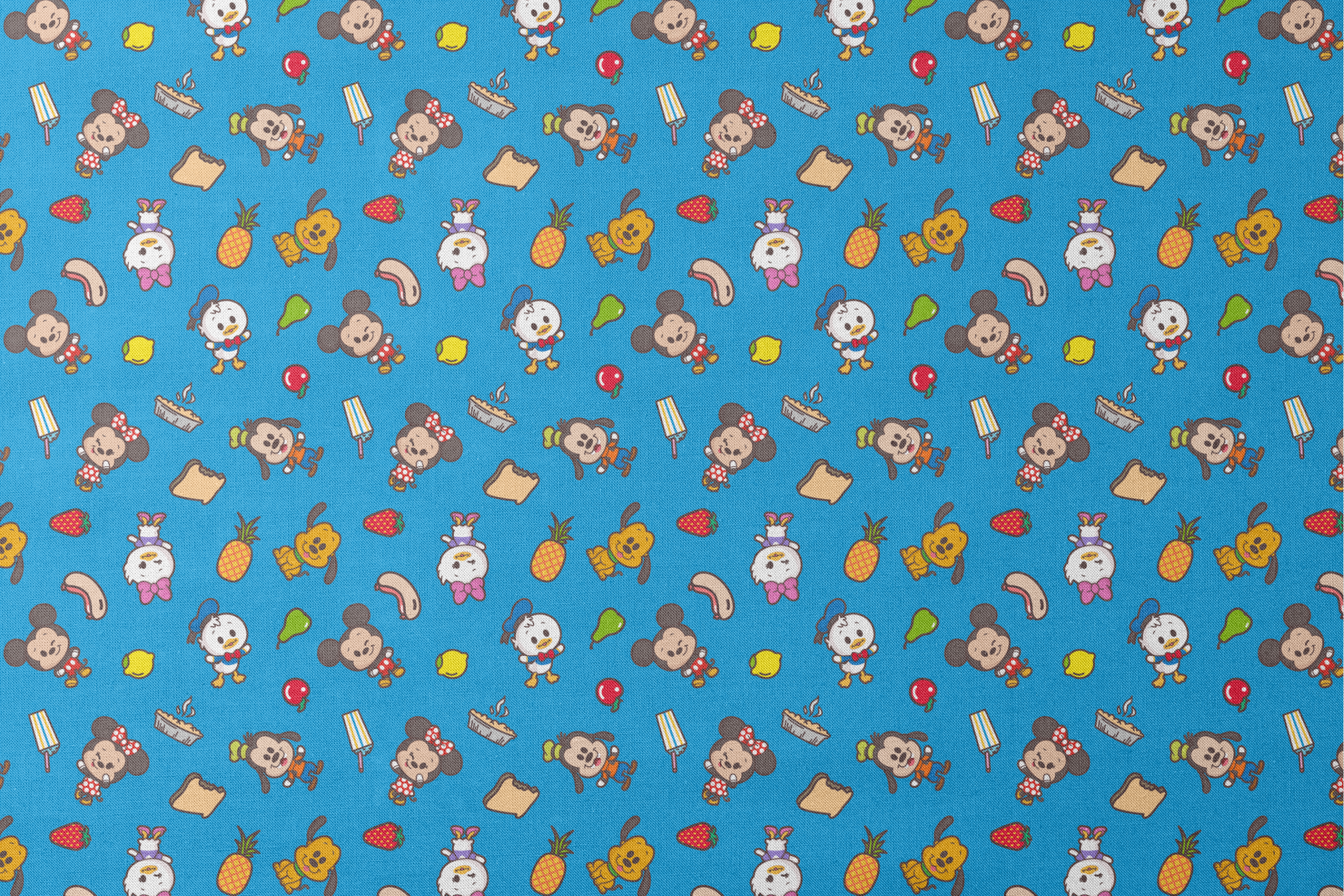Mickey, friends, and food items pattern on blue background, featuring Mickey, Minnie, Donald, and fruit icons designs flat mockup