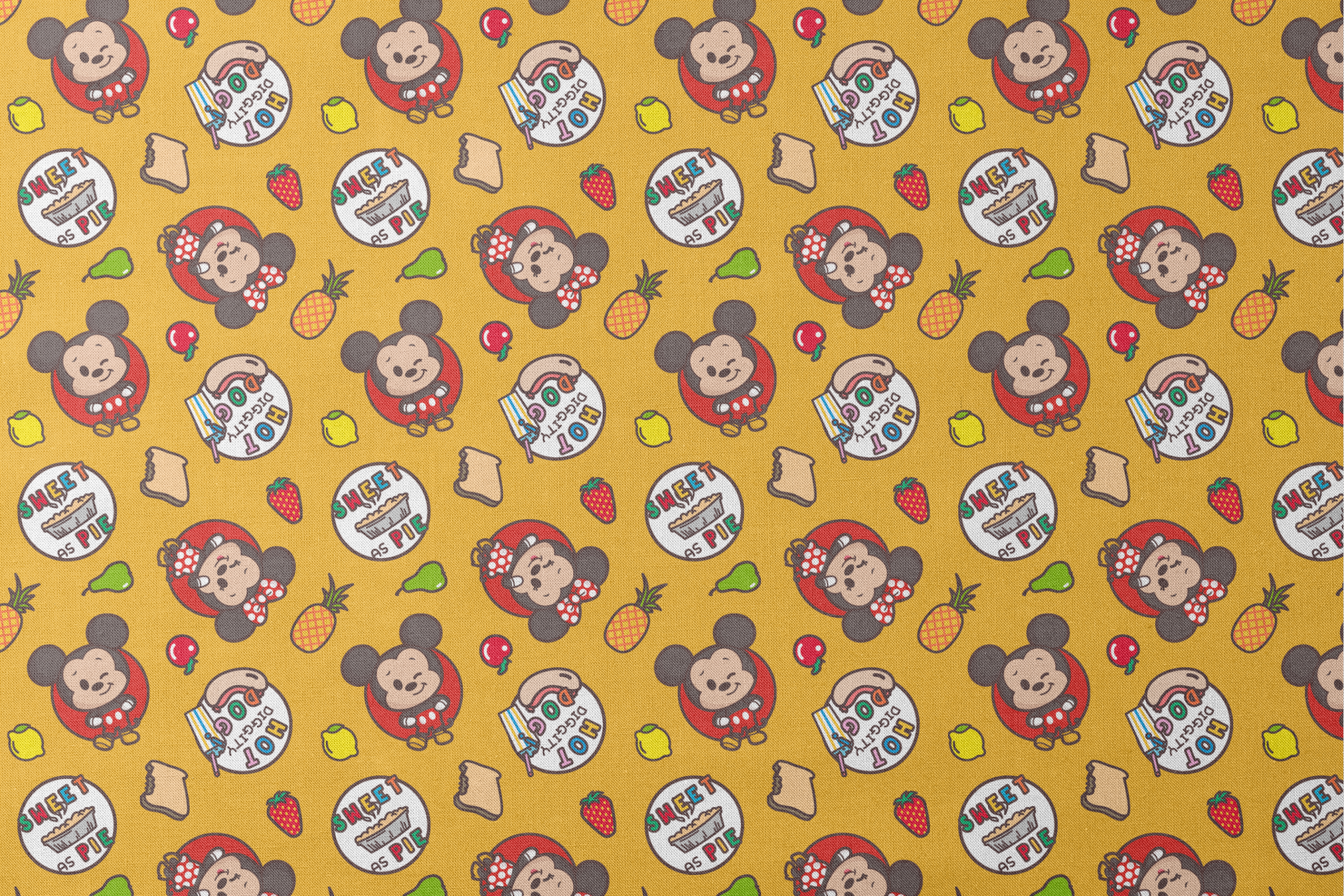 Mickey & Minnie Mouse with round badges on yellow background with fruit icons and toast patterns designs flat mockup