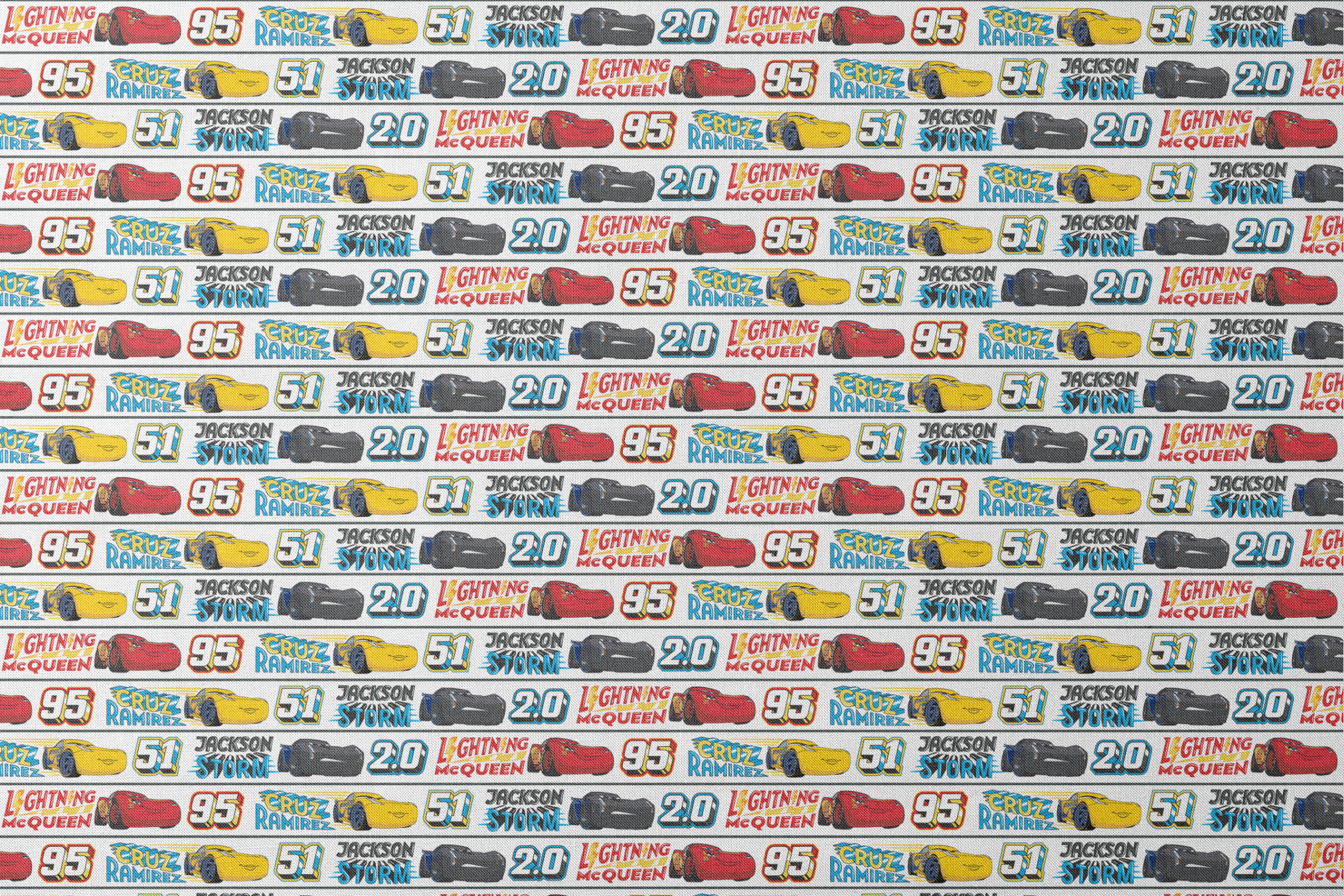 Disney Cars character ribbon with Lightning McQueen 95, Cruz Ramirez 51, and Jackson Storm 20 repeated pattern designs flat mockup