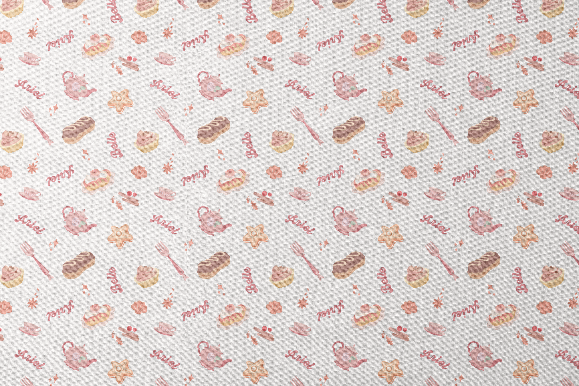 Disney Princess bakery pattern with desserts, teapot, teacup, and text on cream background designs flat mockup