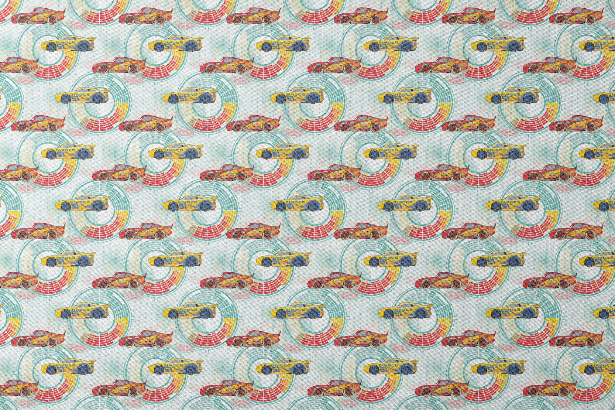 Colorful Disney Pixar Cars racing in red and yellow on a light blue background with circular patterns designs flat mockup