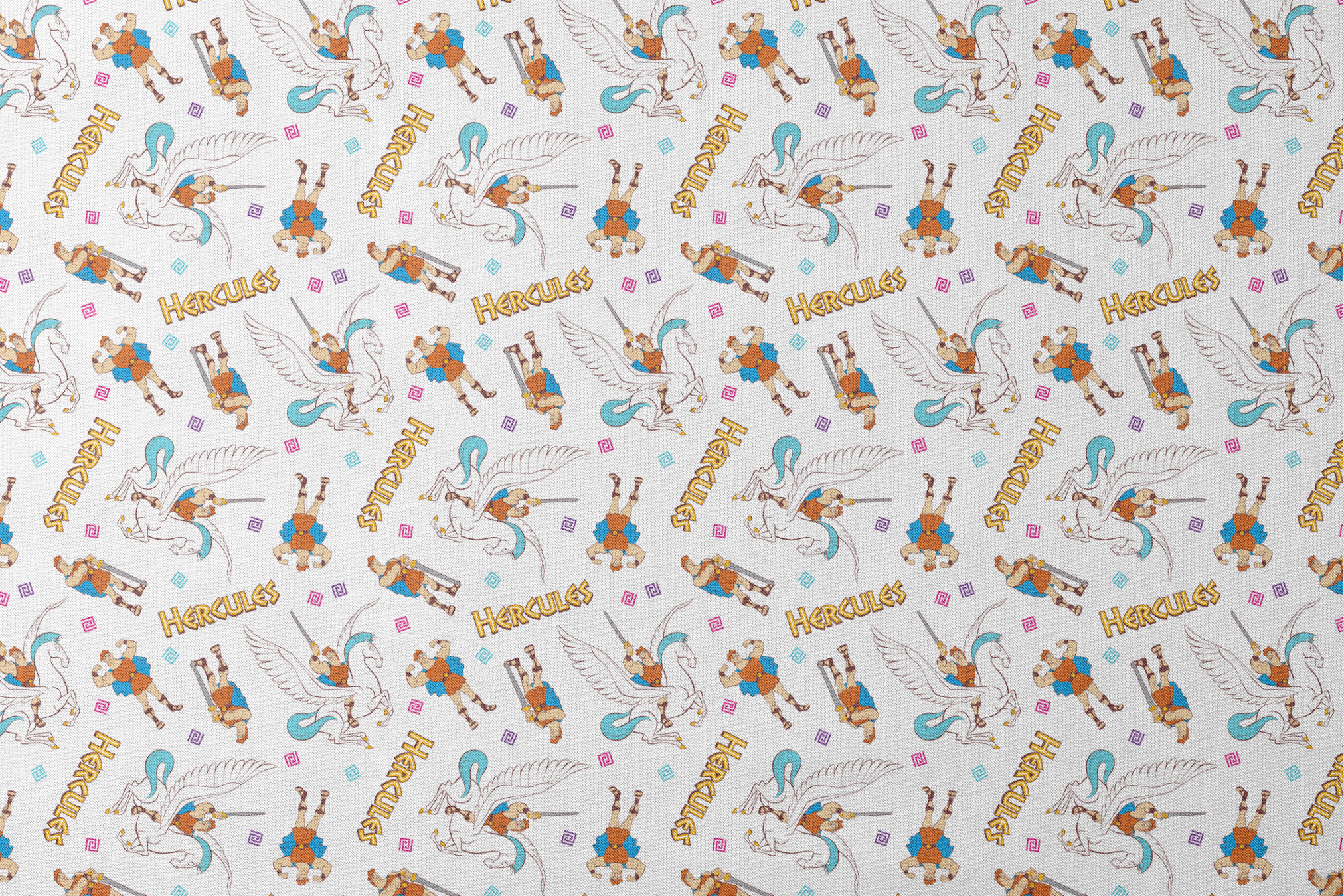 Cartoon pattern of Hercules characters with Pegasus, swords, and "HERCULES" text on white background designs flat mockup