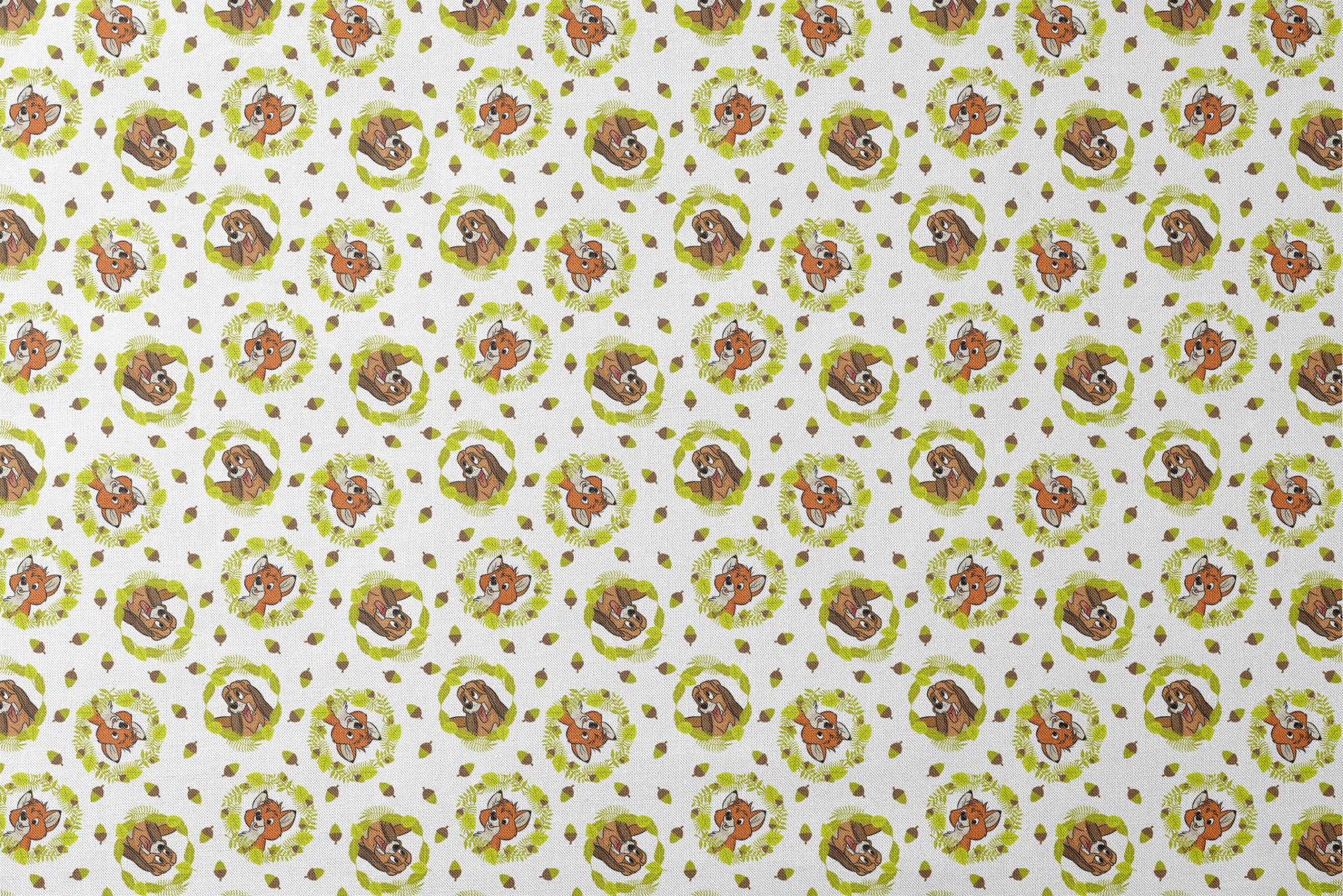 Fox and the Hound characters in green leafy wreaths with scattered acorns on white background designs flat mockup