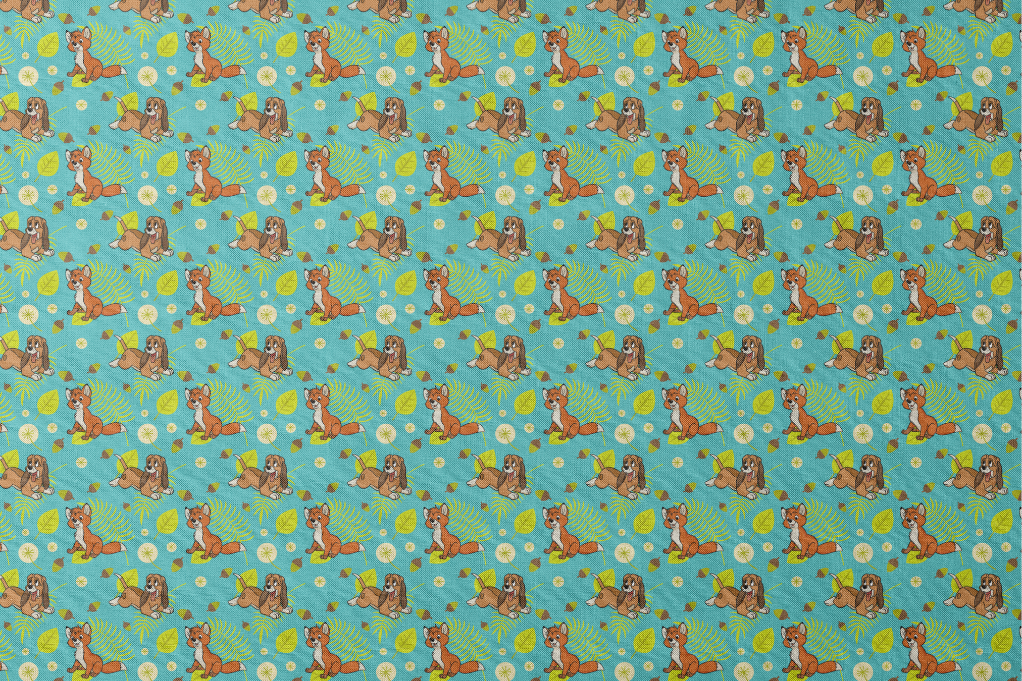 The Fox and the Hound characters on turquoise background with yellow leaves and acorns designs flat mockup