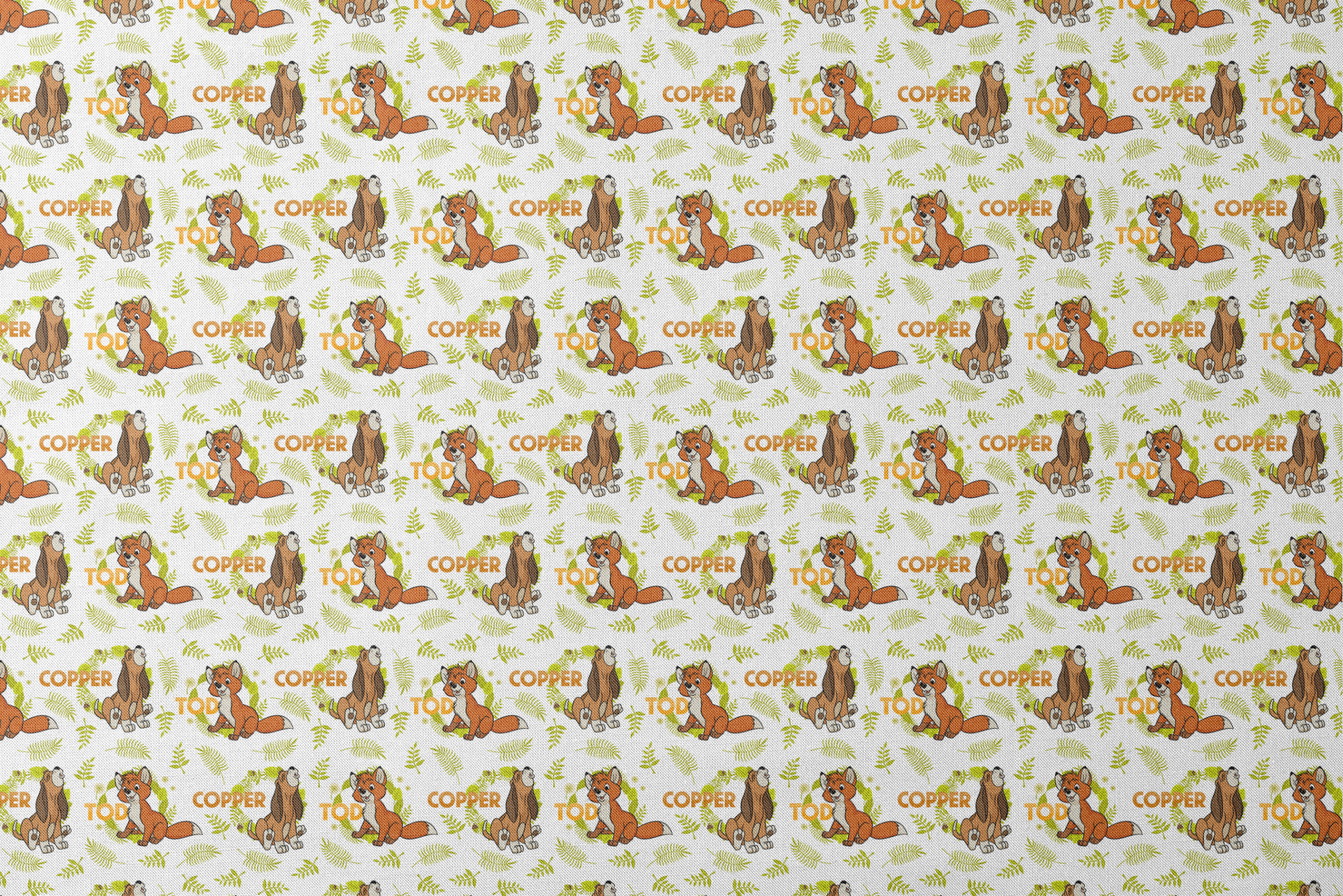 Fox and the Hound pattern with name "COPPER" and green fern background design designs flat mockup