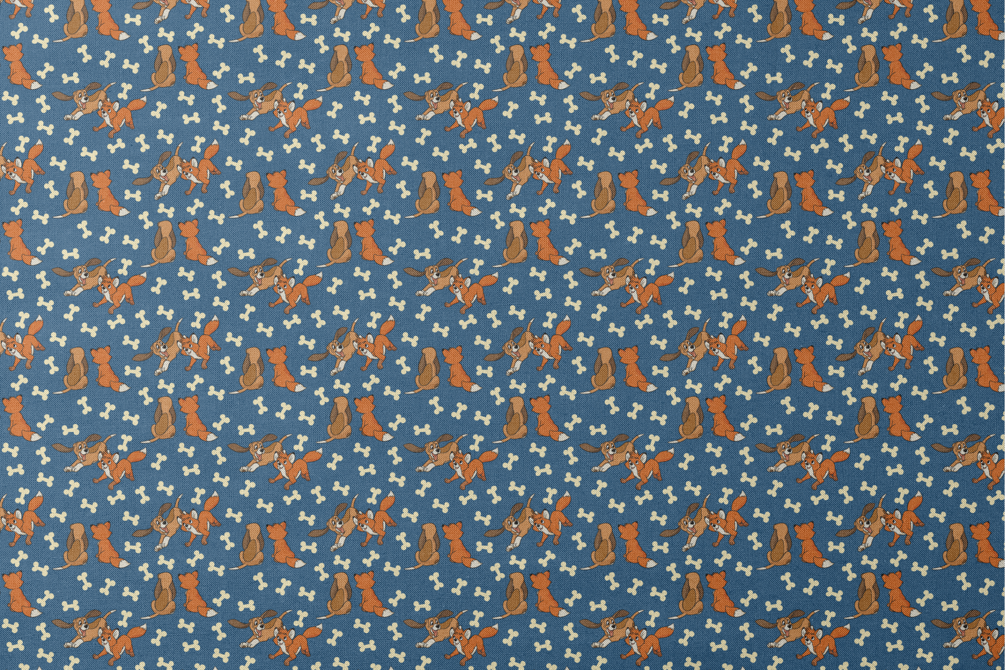 Fox and the Hound characters playing against blue background with scattered bone pattern designs flat mockup