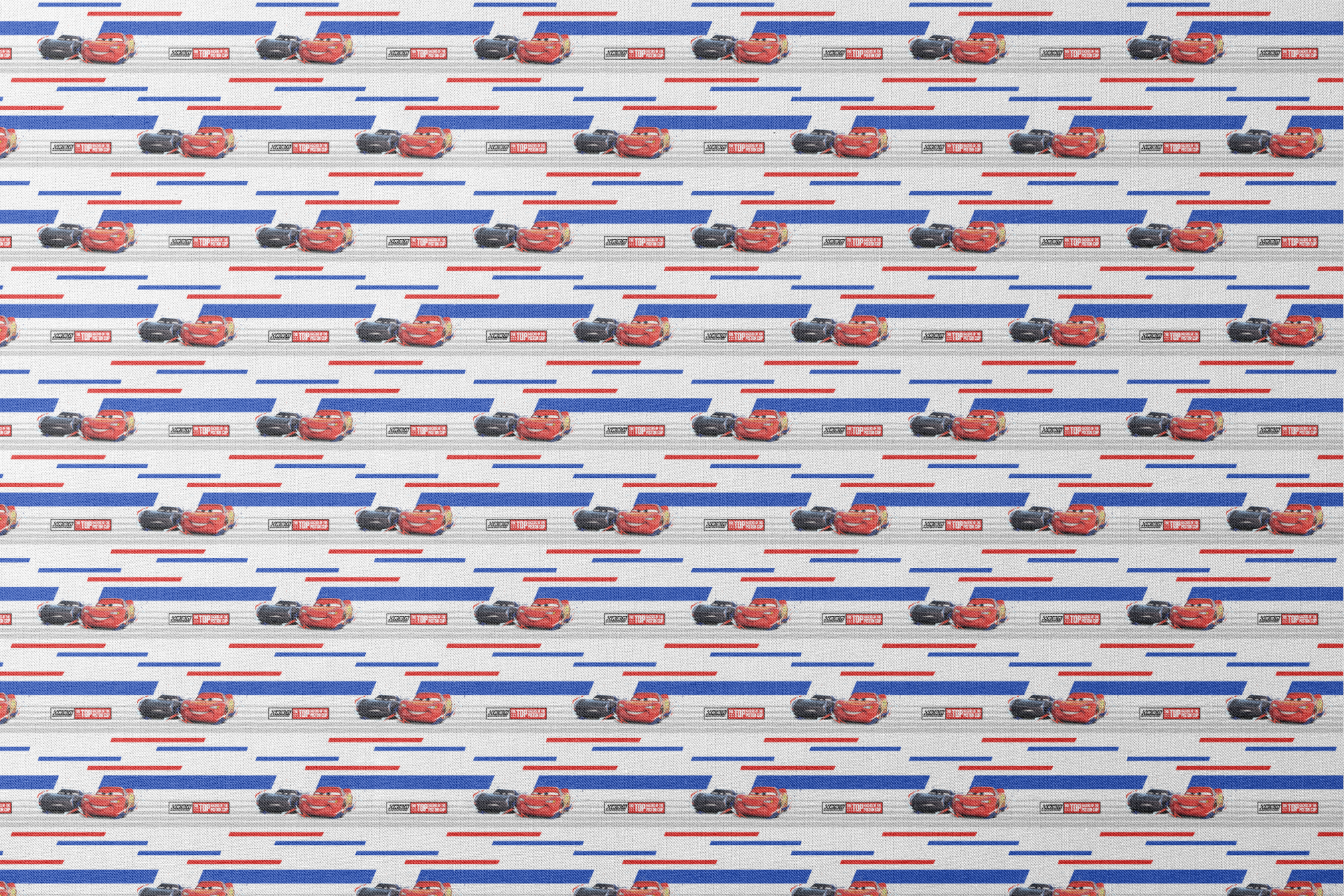 Red and black race cars from Disney Pixar's Cars movie on striped blue, white, and red background with XSpeed logo designs flat mockup