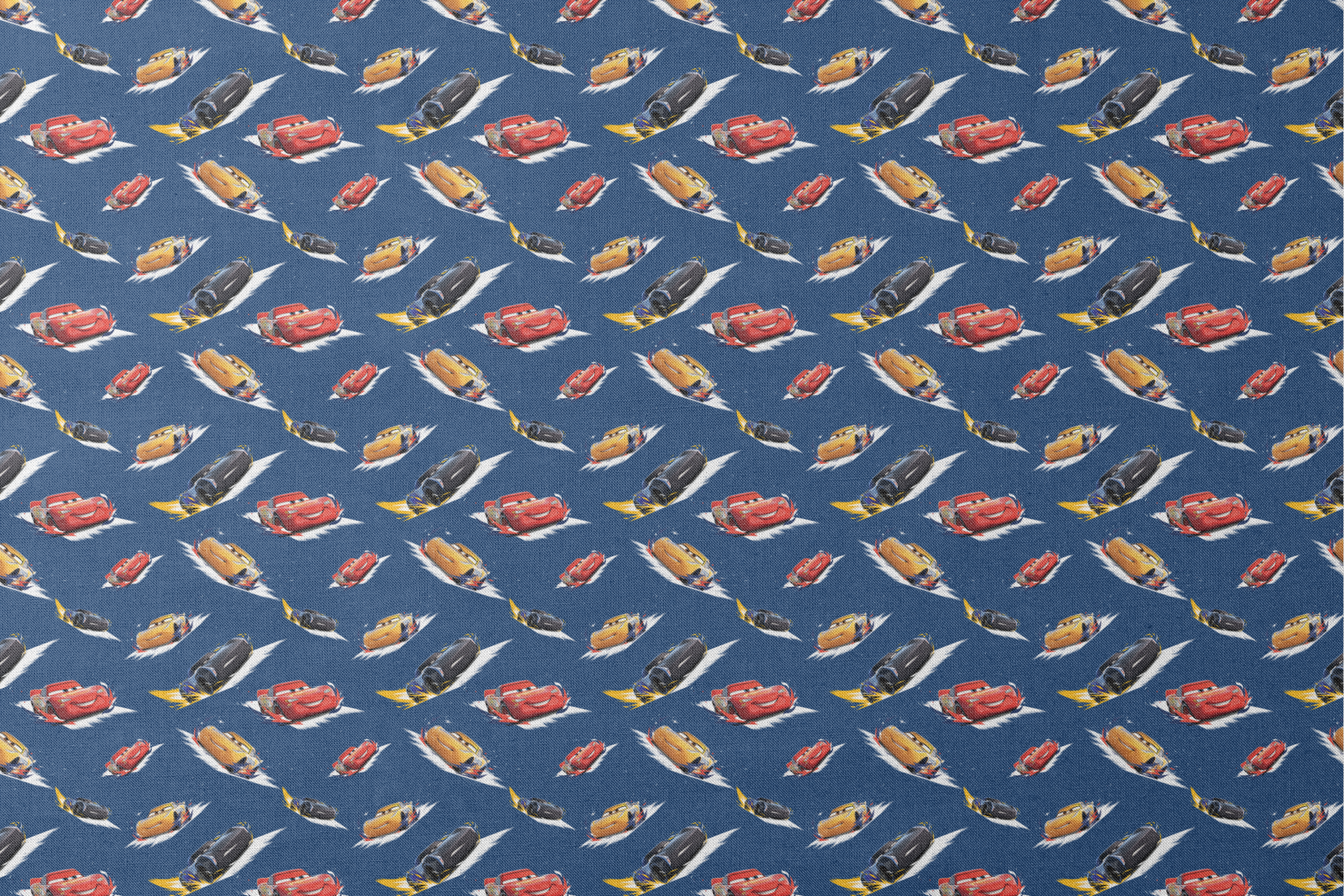 Animated race cars from Disney's Cars movie speeding across a blue background with white motion streaks designs flat mockup