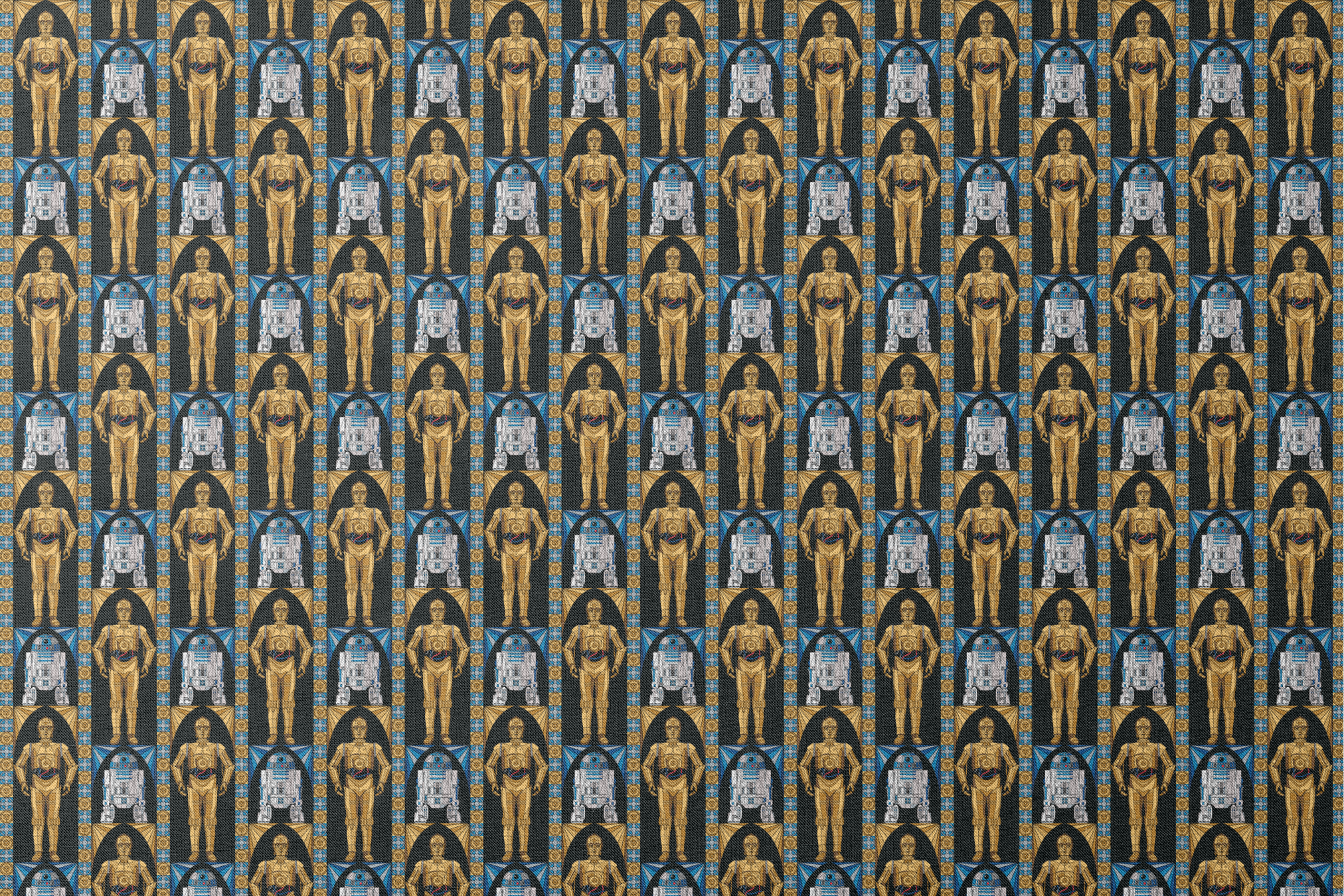 Repeating pattern of golden droid and blue-white astromech droid characters from Star Wars on black background with decorative borders designs flat mockup