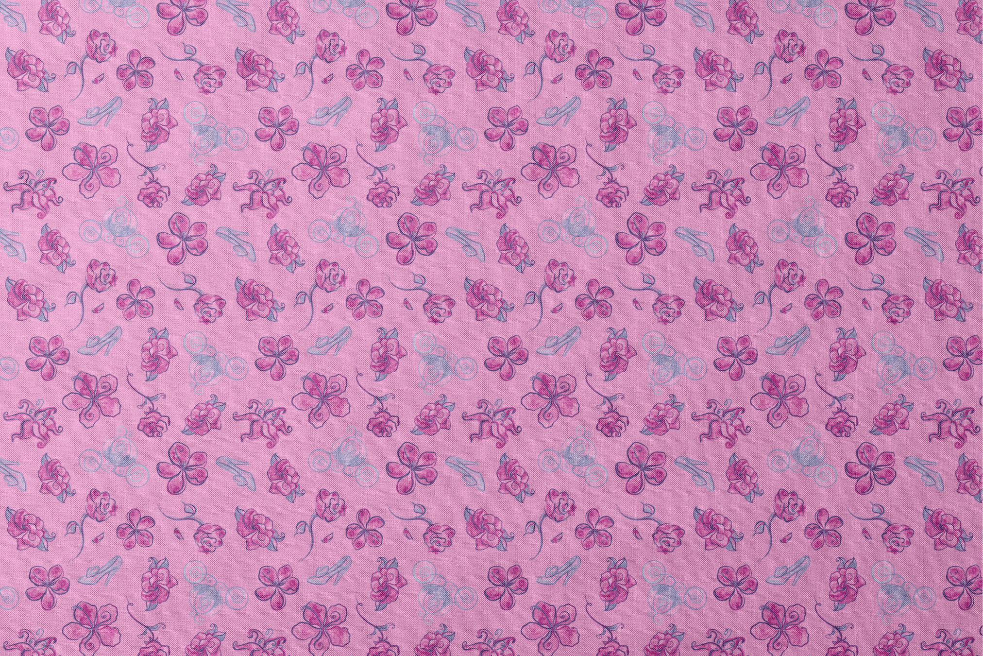 Whimsical Cinderella pattern of purple flowers, roses, and glass slipper outlines on pink background designs flat mockup