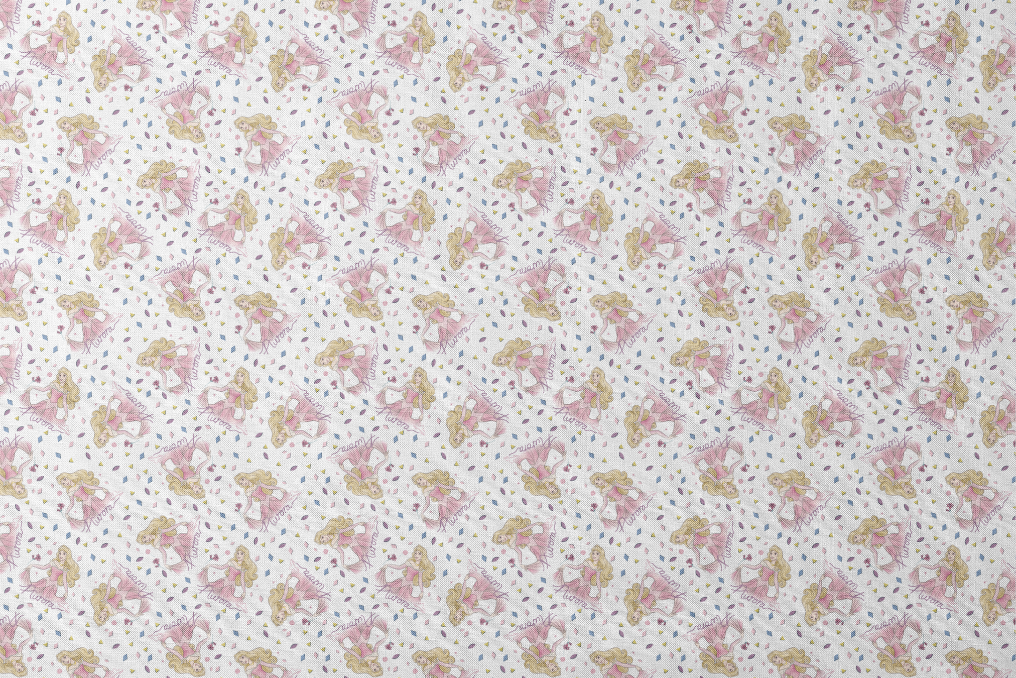 Pattern of Sleeping Beauty, surrounded by colorful diamond shapes on white background designs flat mockup