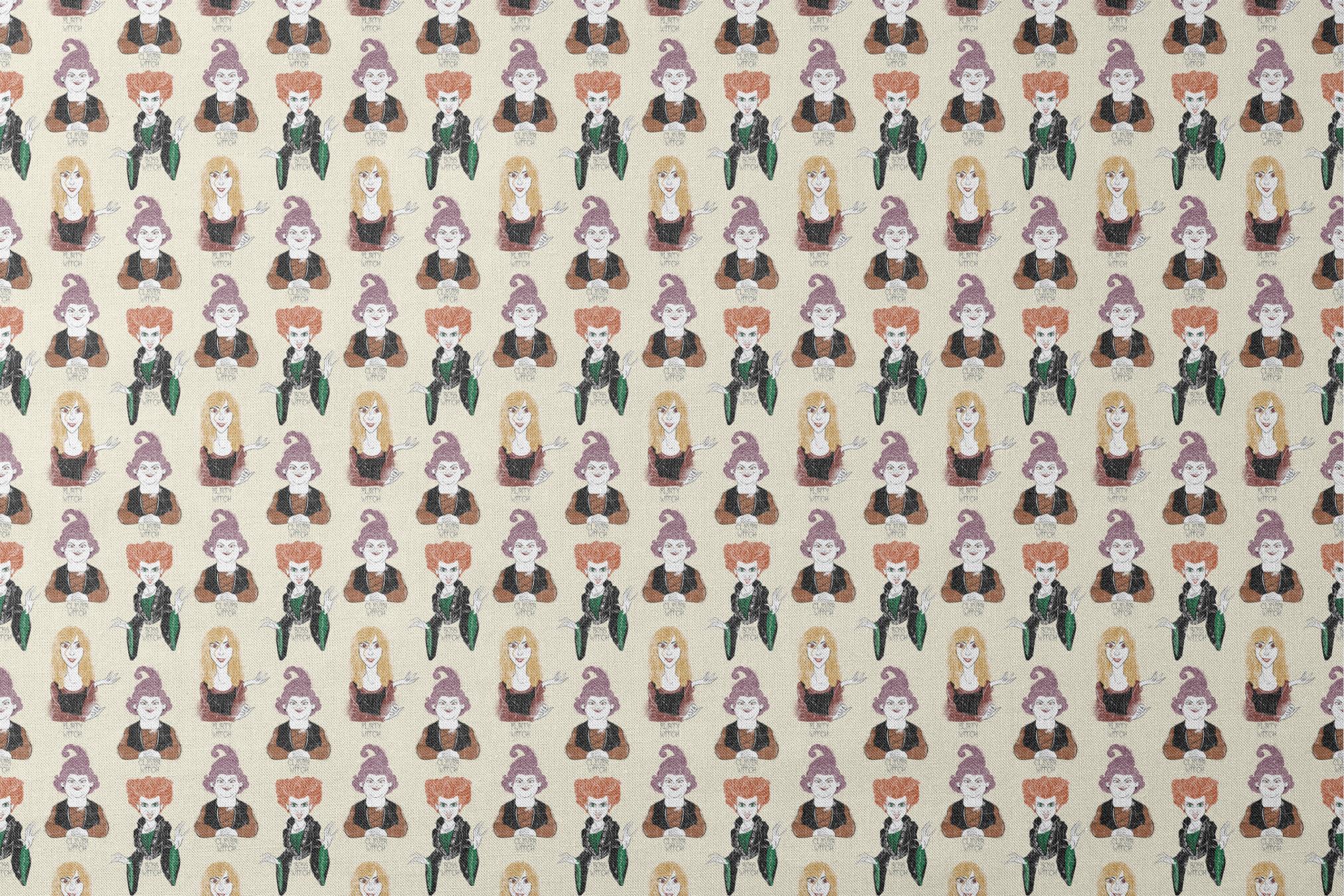 Pattern of illustrated witch characters with different styling - purple hat witch, green-dressed witch, and blonde witch with varying colors and poses designs flat mockup