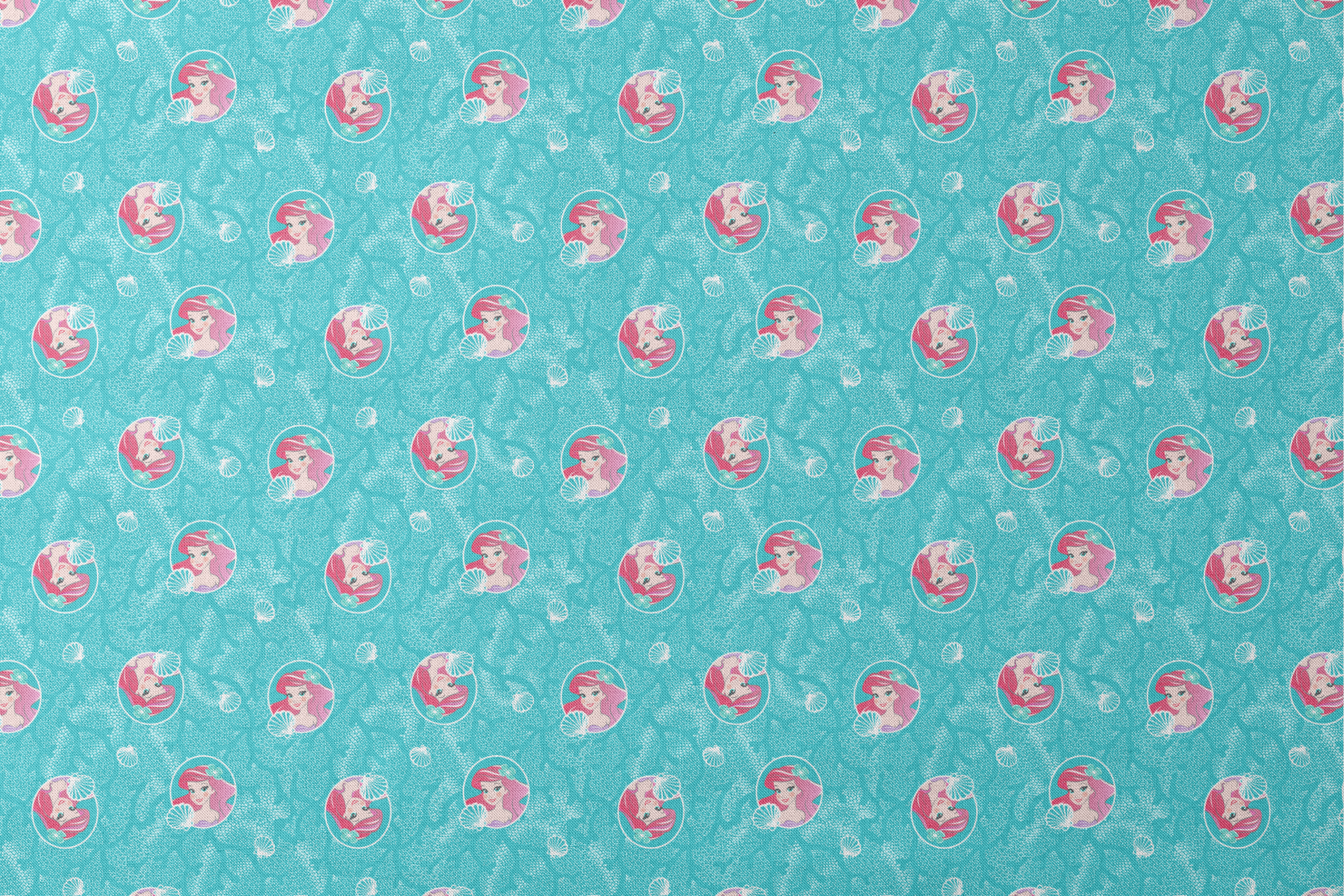 The Little Mermaid pattern with Ariel in turquoise circles on aqua background with seashells designs flat mockup