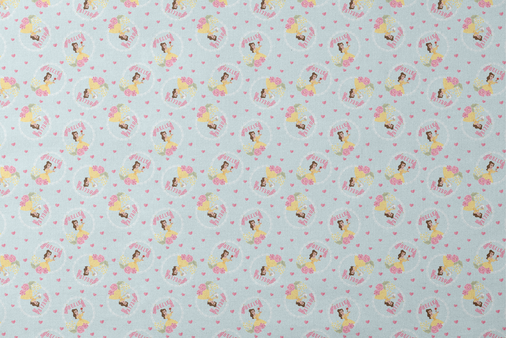 Princess Belle pattern with yellow dress, "Belle" text, hearts, and flowers on light blue background designs flat mockup