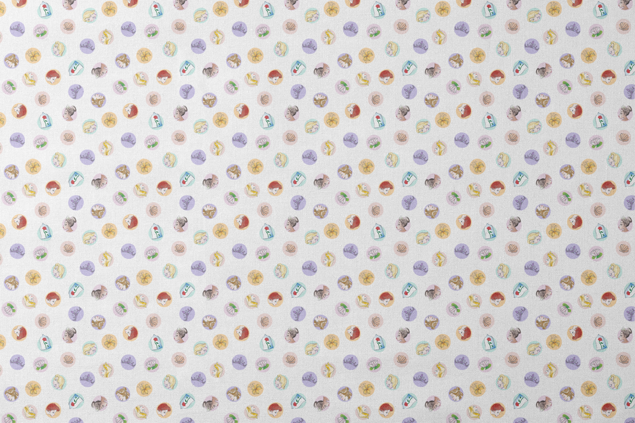 Colorful circular illustrations featuring Disney Princesses and symbols on white background designs flat mockup