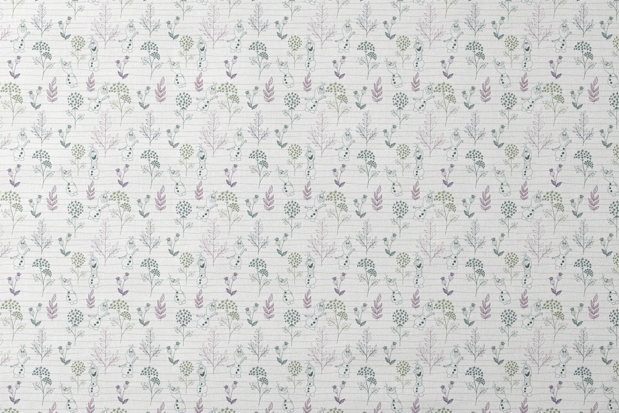 Pattern of sketched botanical elements, flowers, and Olaf on a lined background in soft greens and purples designs flat mockup