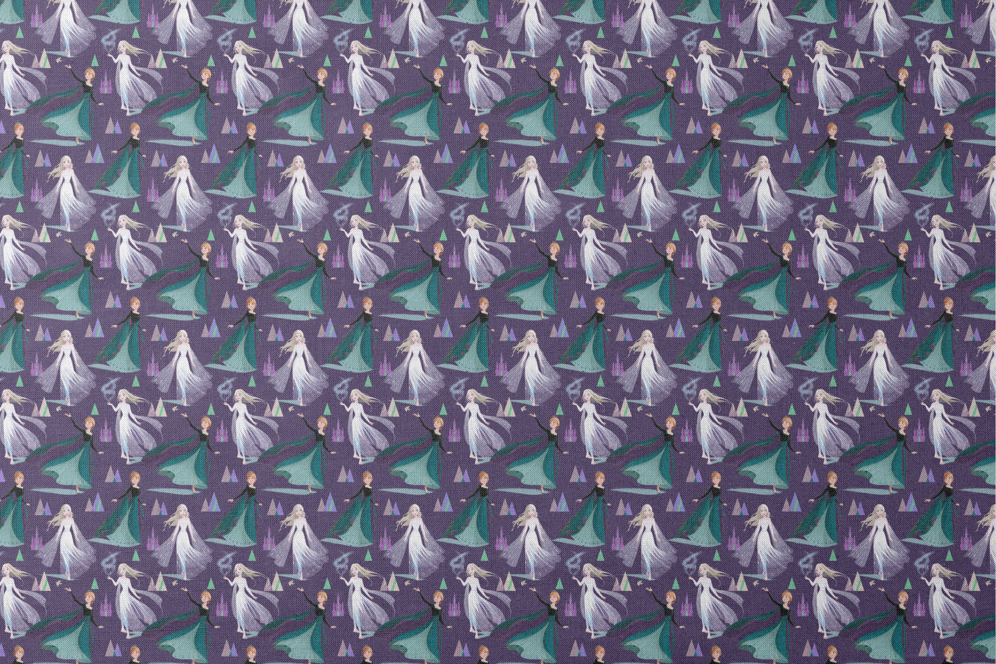 Frozen characters and ice castles on purple background, magical fantasy pattern designs flat mockup