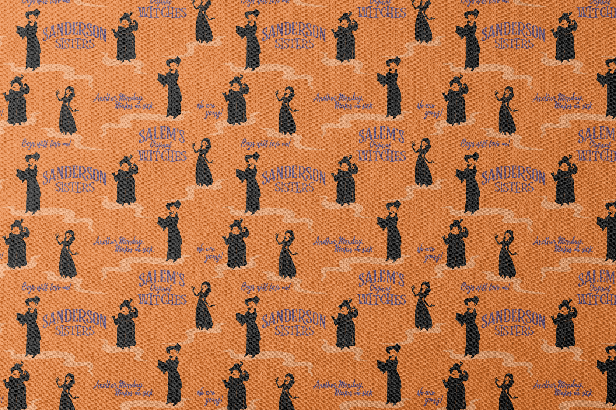 Orange background with silhouettes of witches in black robes and text "Sanderson Sisters" and "Salem's" in blue lettering designs flat mockup