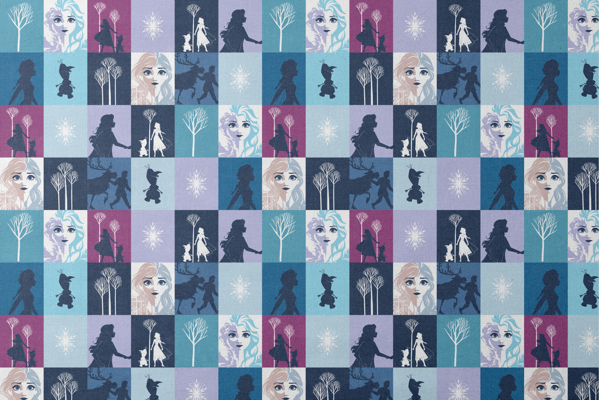 A grid of "Frozen" themed illustrations featuring character portraits, snowflakes, winter trees, and silhouetted scenes in shades of blue and purple. designs flat mockup
