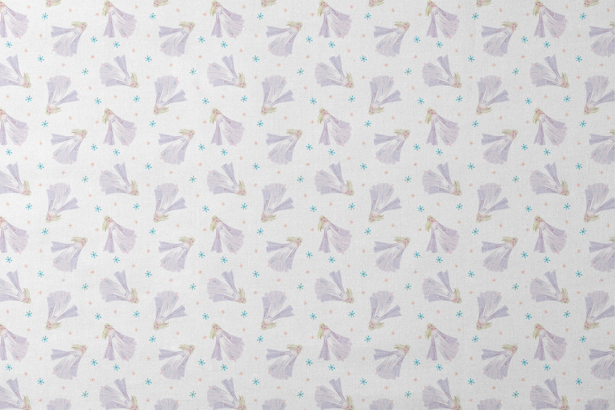 Whimsical pattern of Elsa with colorful snowflakes on white background designs flat mockup