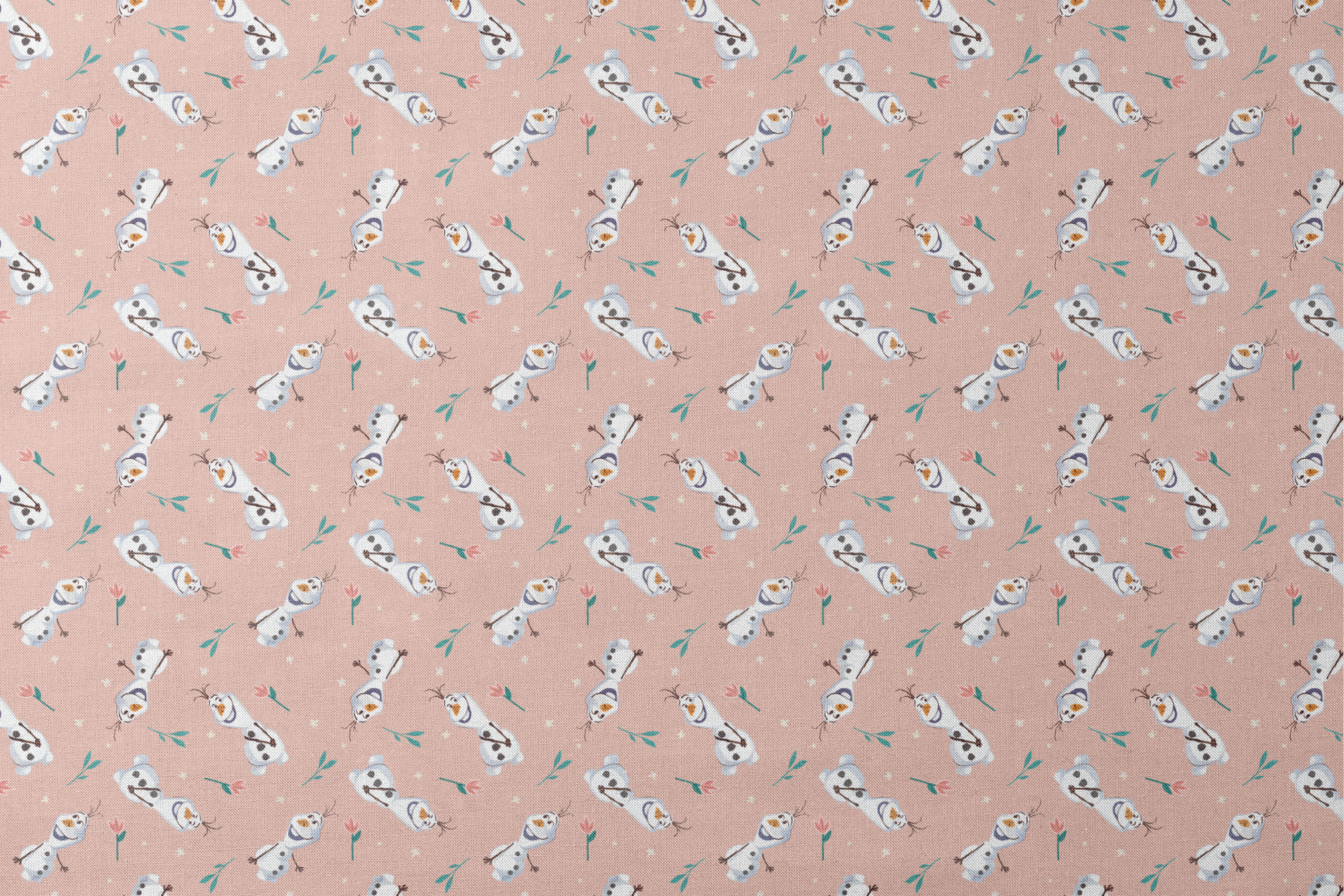 Playful pattern of Olaf scattered with green leaves on a peachy pink background designs flat mockup