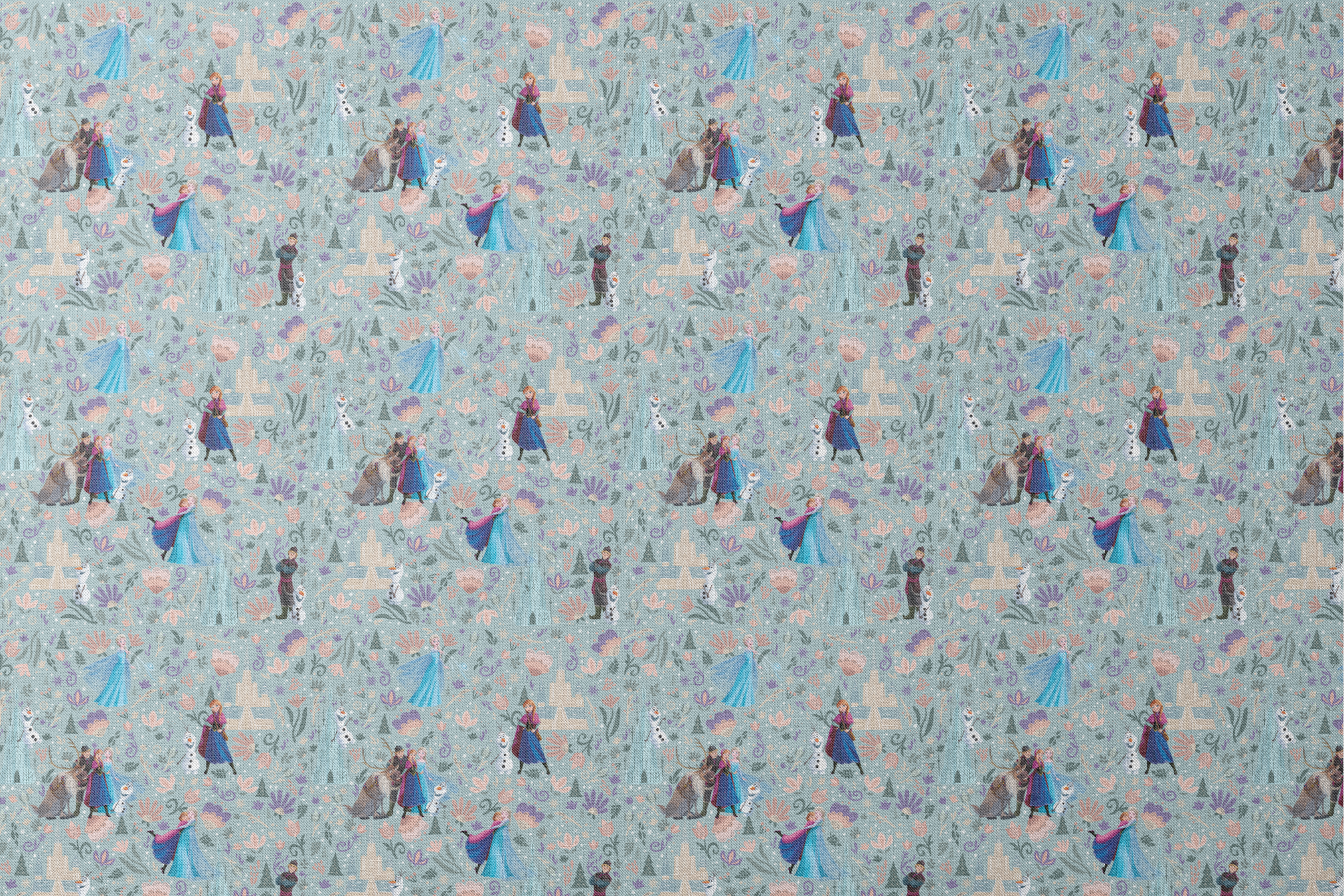 Frozen-themed pattern with the iconic characters, snowmen, flowers, and swirls on a light blue background designs flat mockup