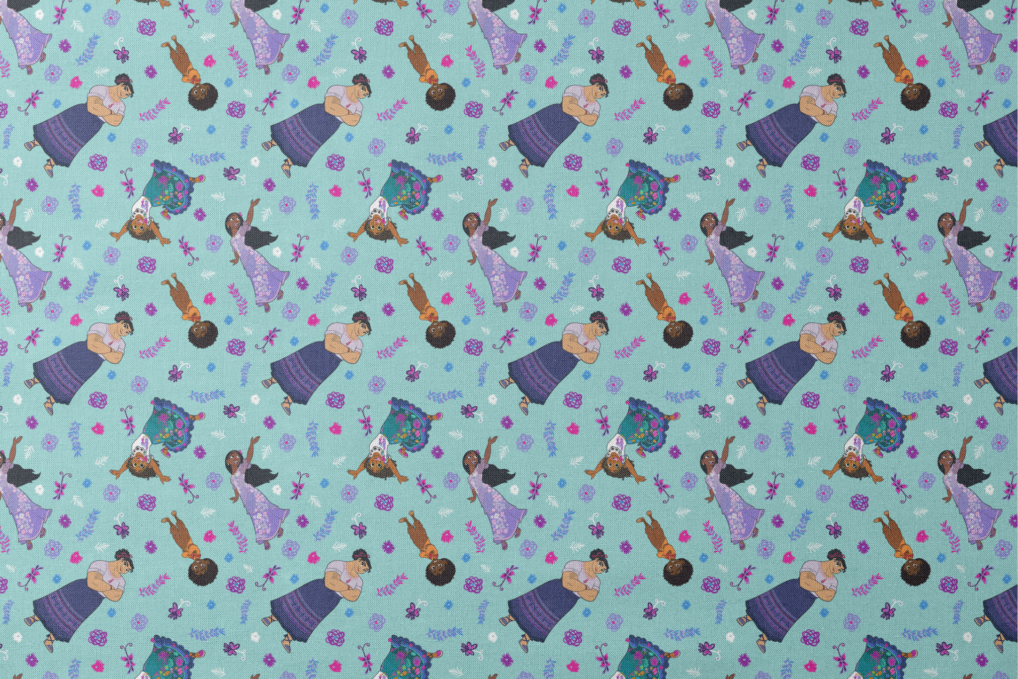 Colorful pattern with figures in traditional clothing, butterflies, and floral elements on teal background designs flat mockup