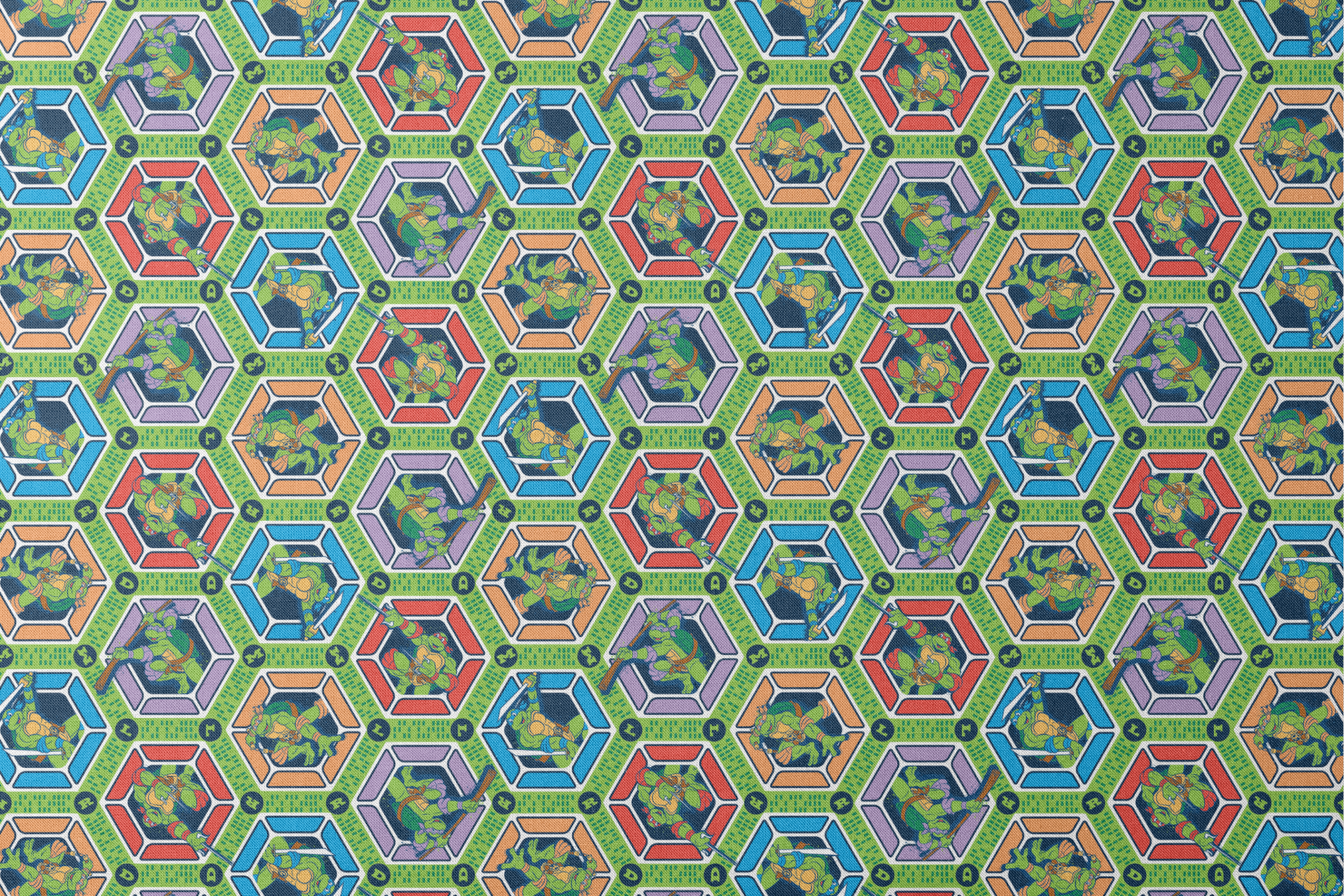 Colorful hexagonal pattern with Teenage Mutant Ninja Turtles and green text strips on blue background designs flat mockup