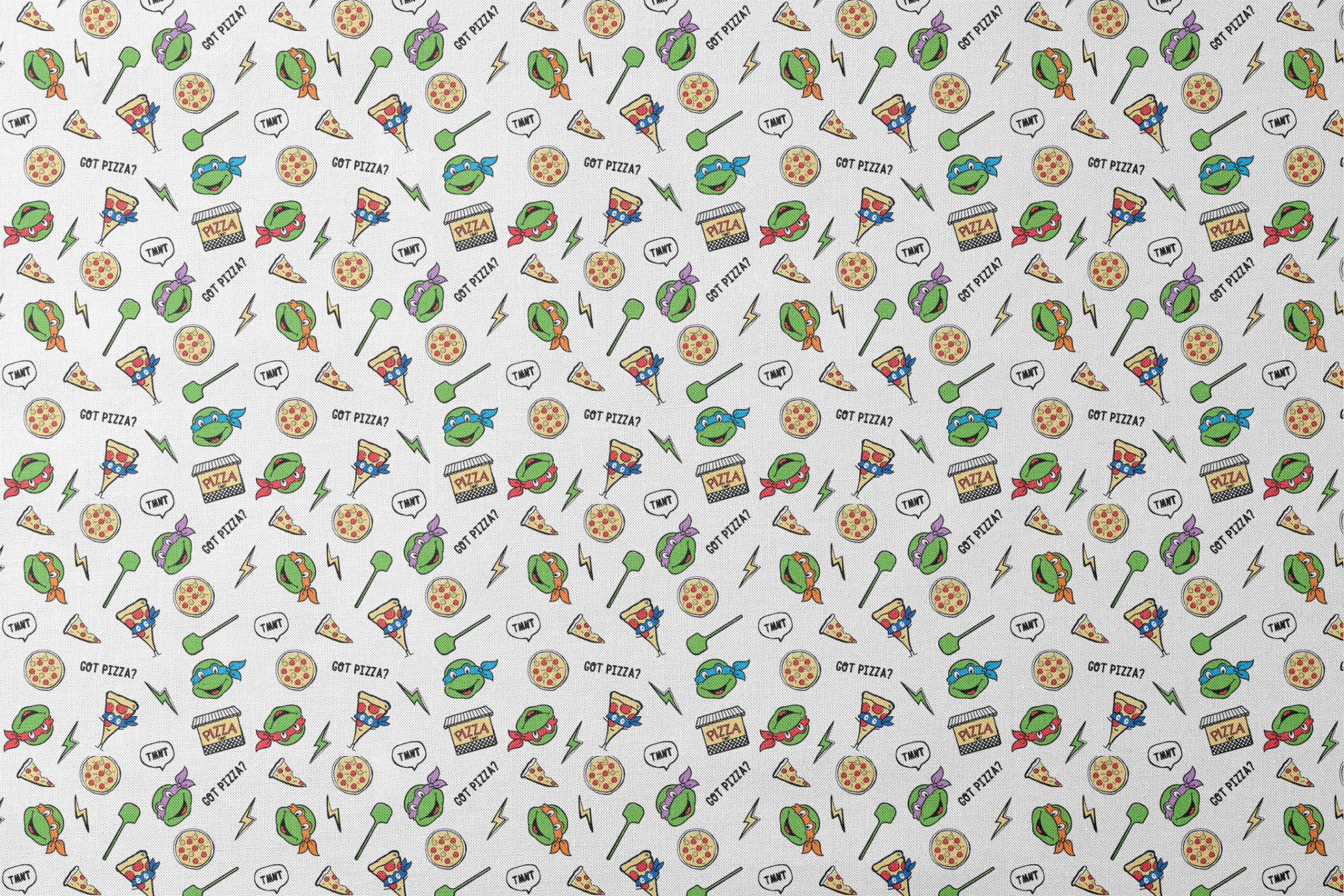 Cartoon pattern with Teenage Mutant Ninja Turtles, pizza slices, whole pizzas, lightning bolts and "GOT PIZZA?" text designs flat mockup