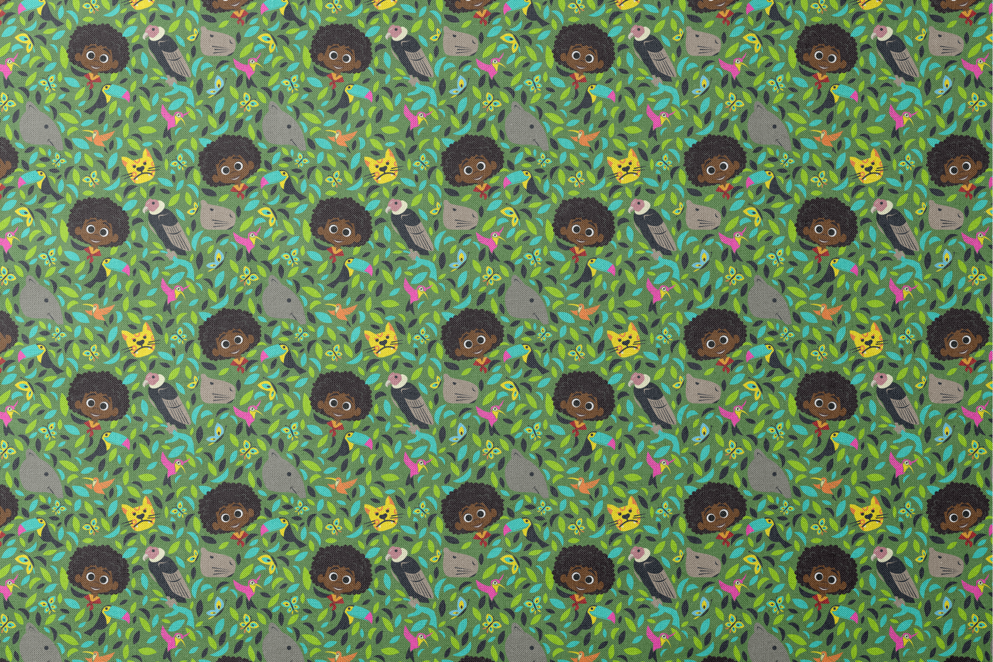 Colorful illustration with children, birds, butterflies, and animals among vibrant green foliage. designs flat mockup