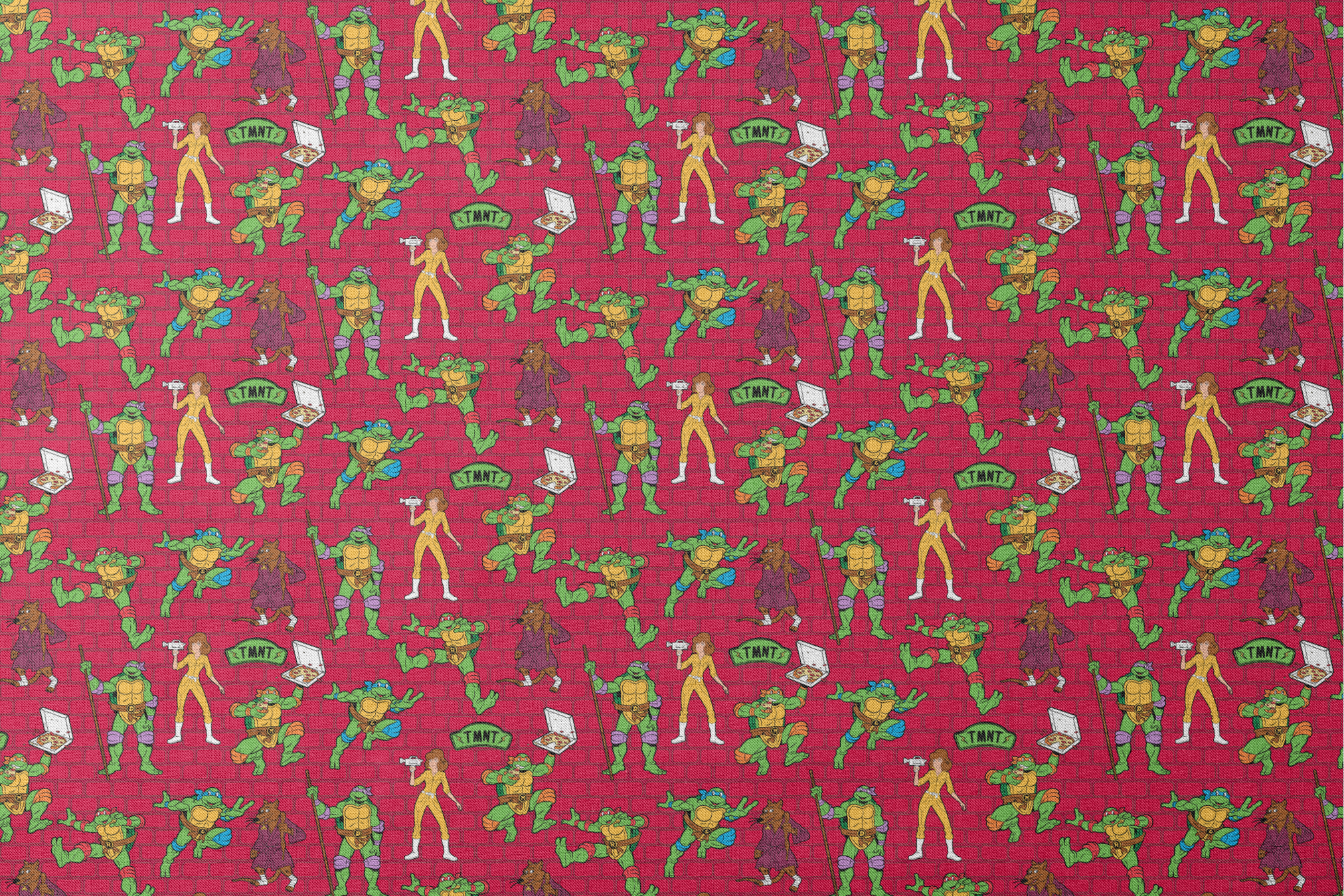Teenage Mutant Ninja Turtles pattern on red background with green turtle characters in action poses designs flat mockup