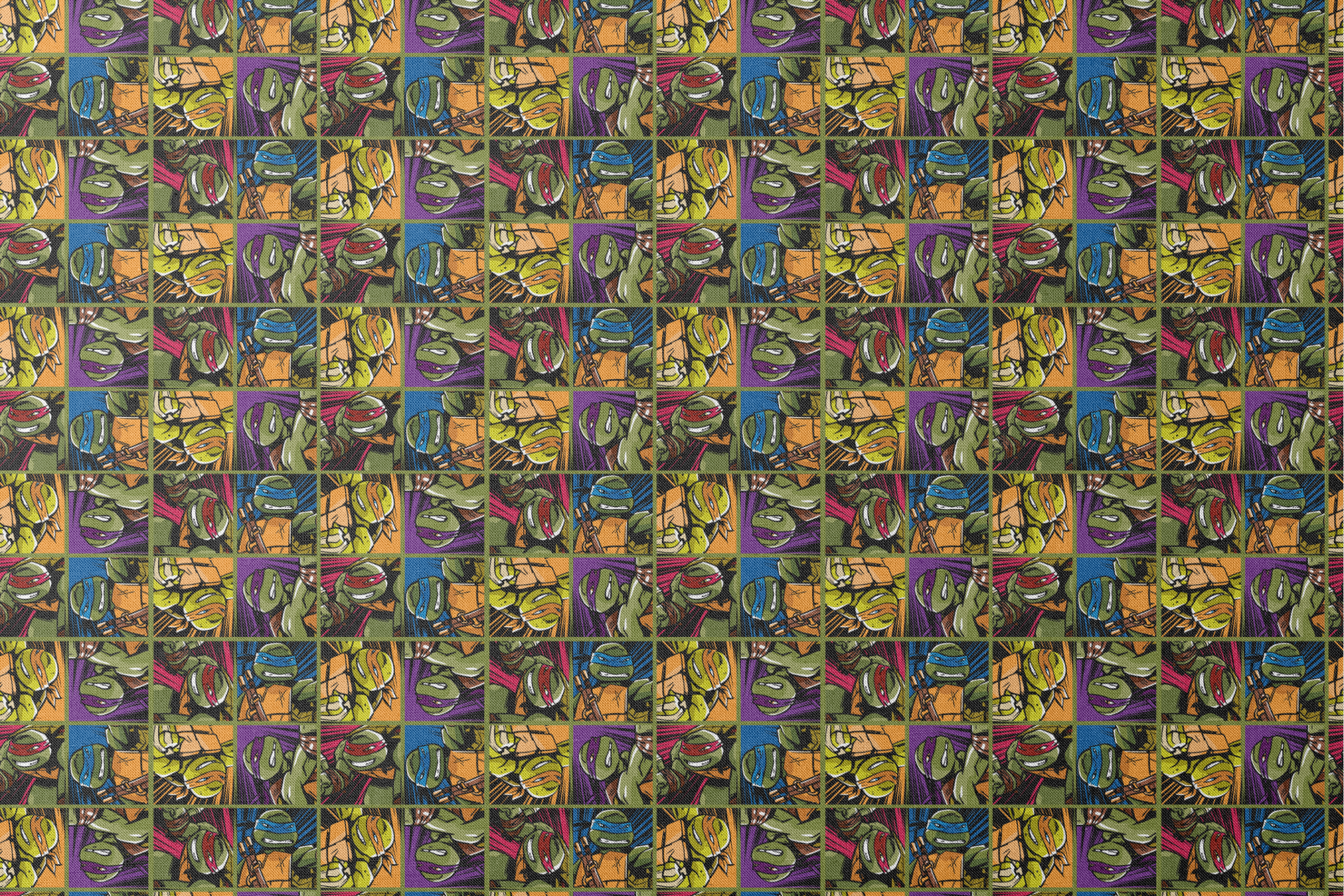 Colorful grid pattern of Teenage Mutant Ninja Turtles characters with various expressions and colored masks designs flat mockup