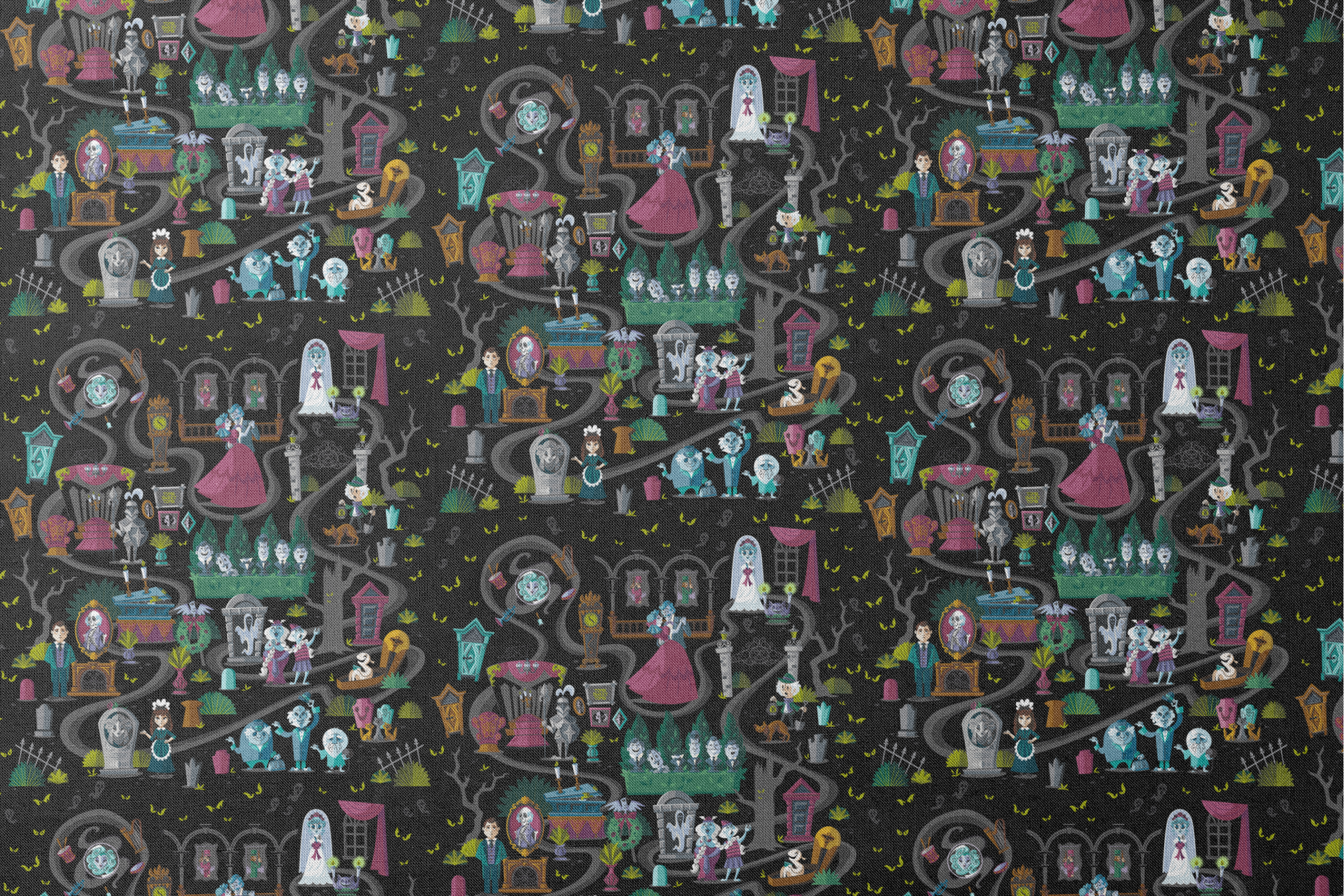 Dark background collage of colorful haunted house elements with ghosts, skeletons, potion bottles, and spooky characters in a whimsical pattern designs flat mockup