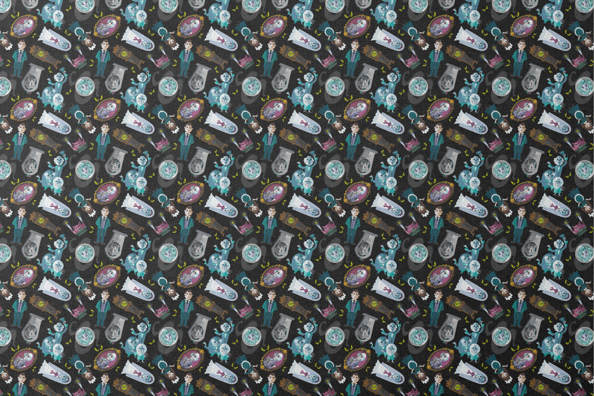 Haunted Mansion themed pattern with cartoon ghosts, characters, coffins, and spooky elements on black background designs flat mockup