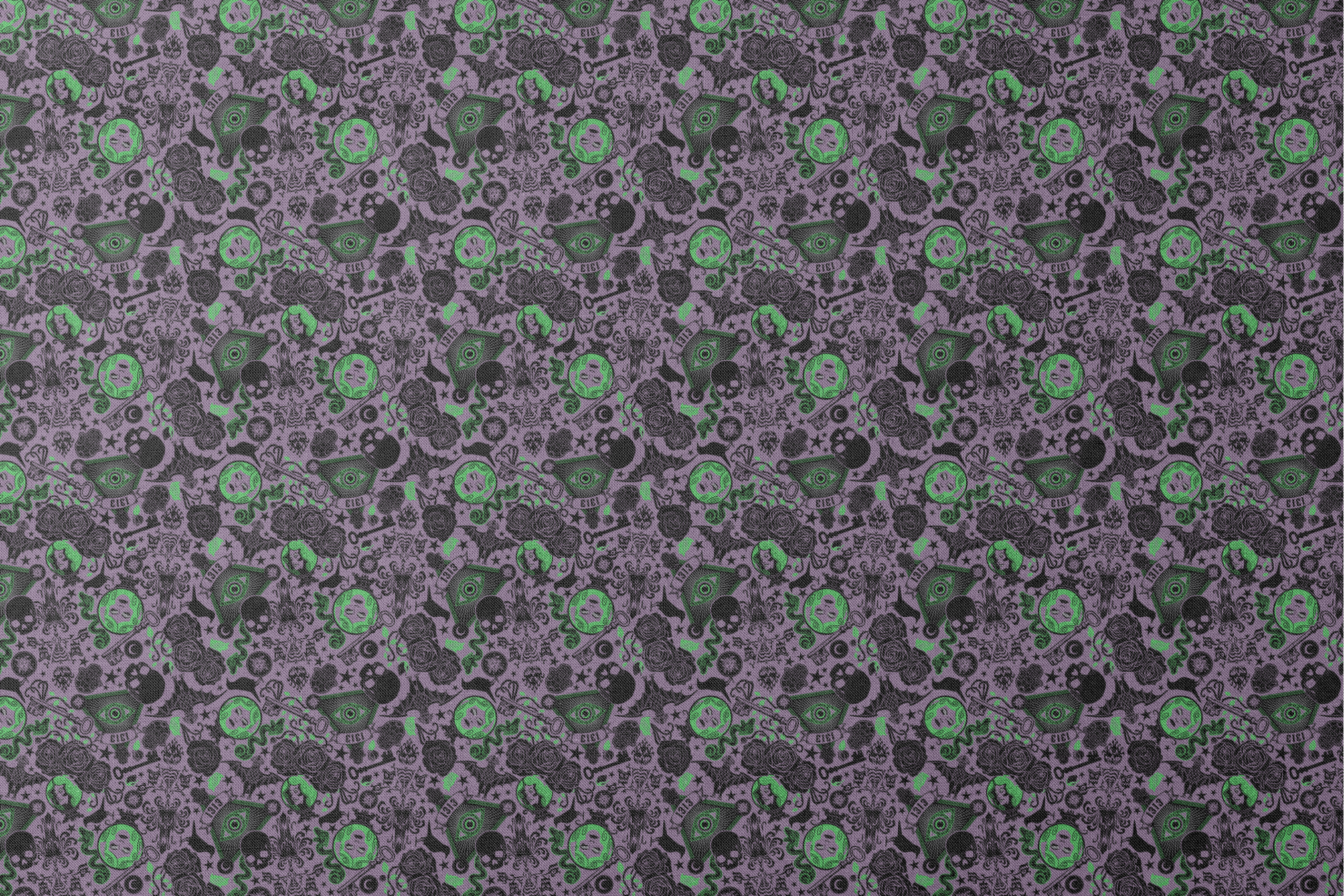 A dark purple background with gothic imagery in black and neon green featuring mystical elements including roses, celestial symbols, eyes, hands, and ornate decorative patterns. designs flat mockup