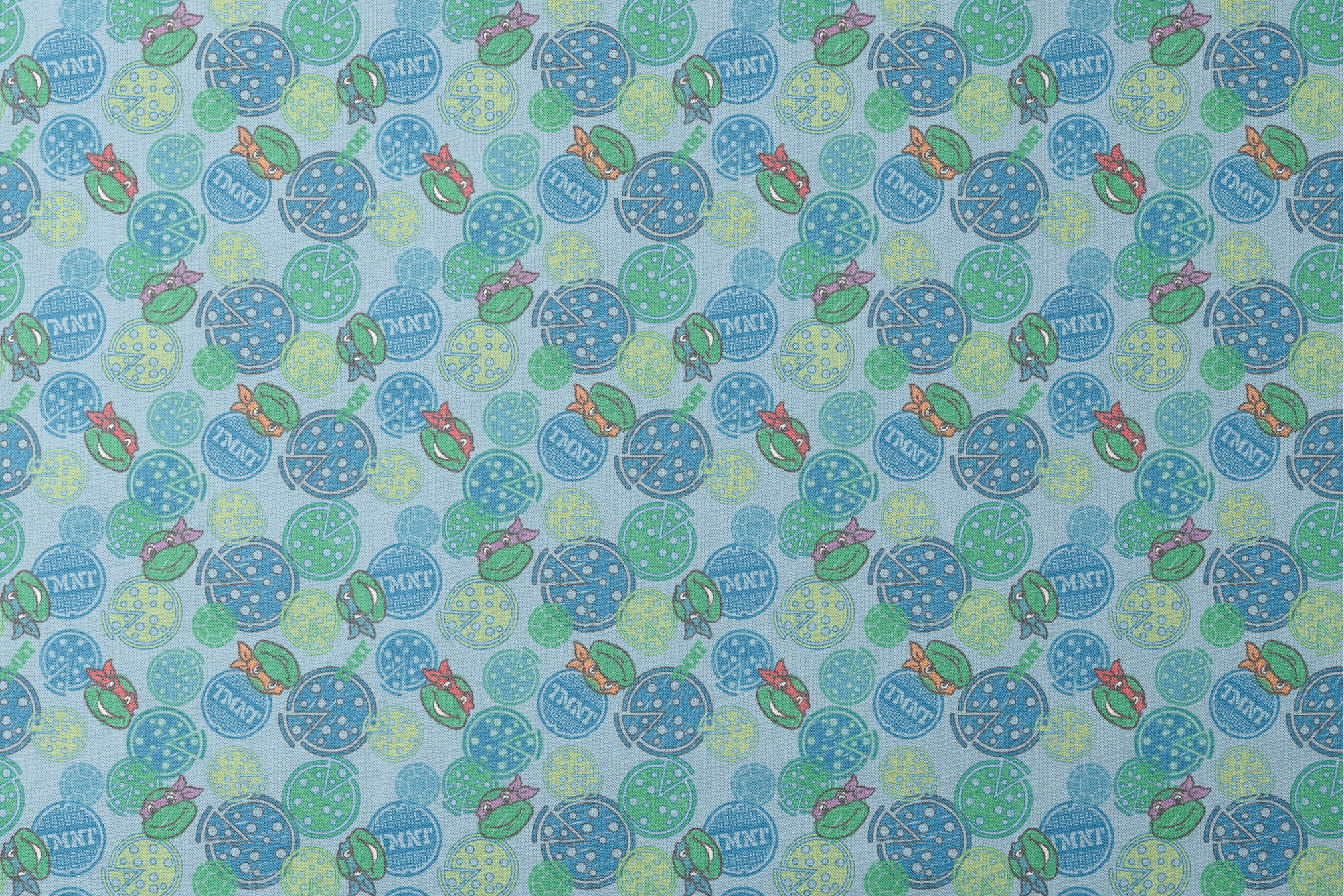 Cartoon Ninja Turtles pattern with colorful circular designs on light blue background designs flat mockup