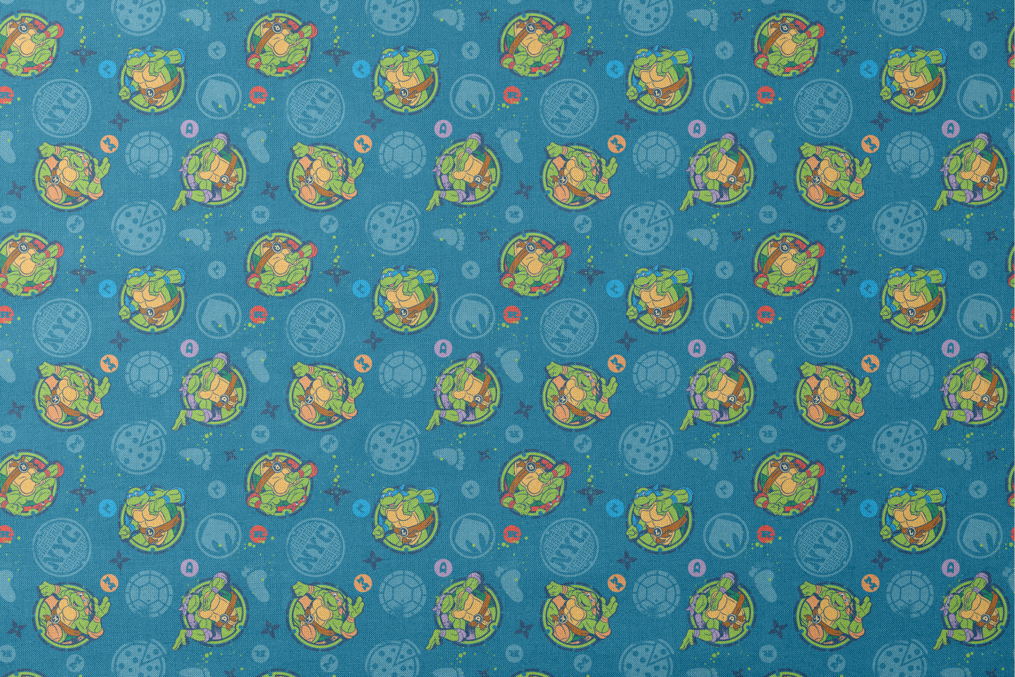 Teenage Mutant Ninja Turtles in circular medallions on teal background with subtle geometric patterns designs flat mockup