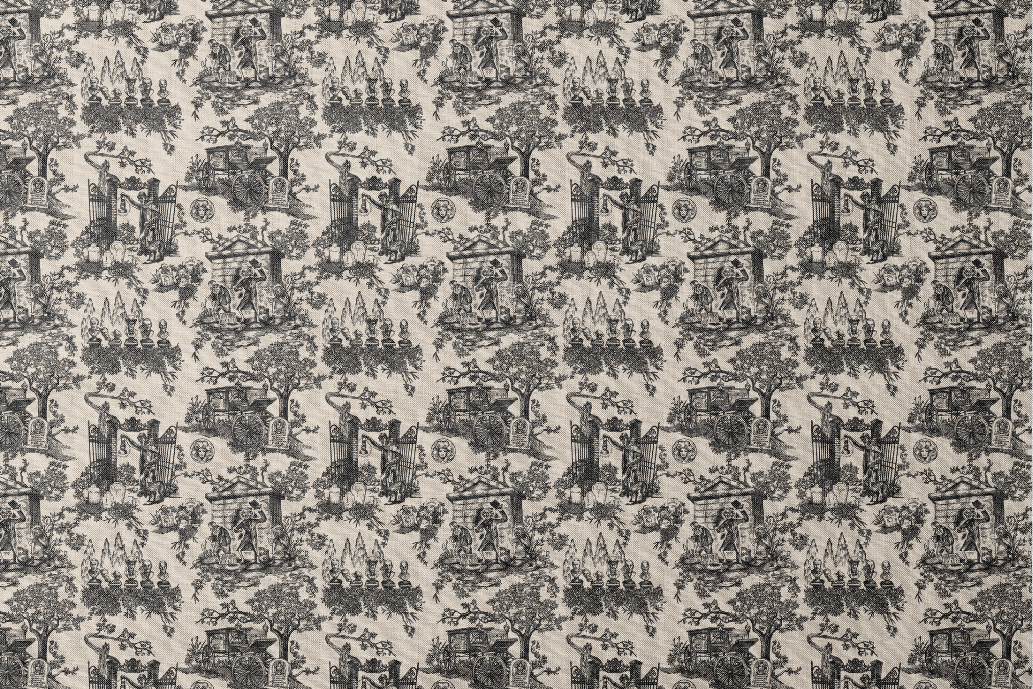 Black and white toile pattern with garden scenes, architectural elements, and decorative figures in a classical style designs flat mockup