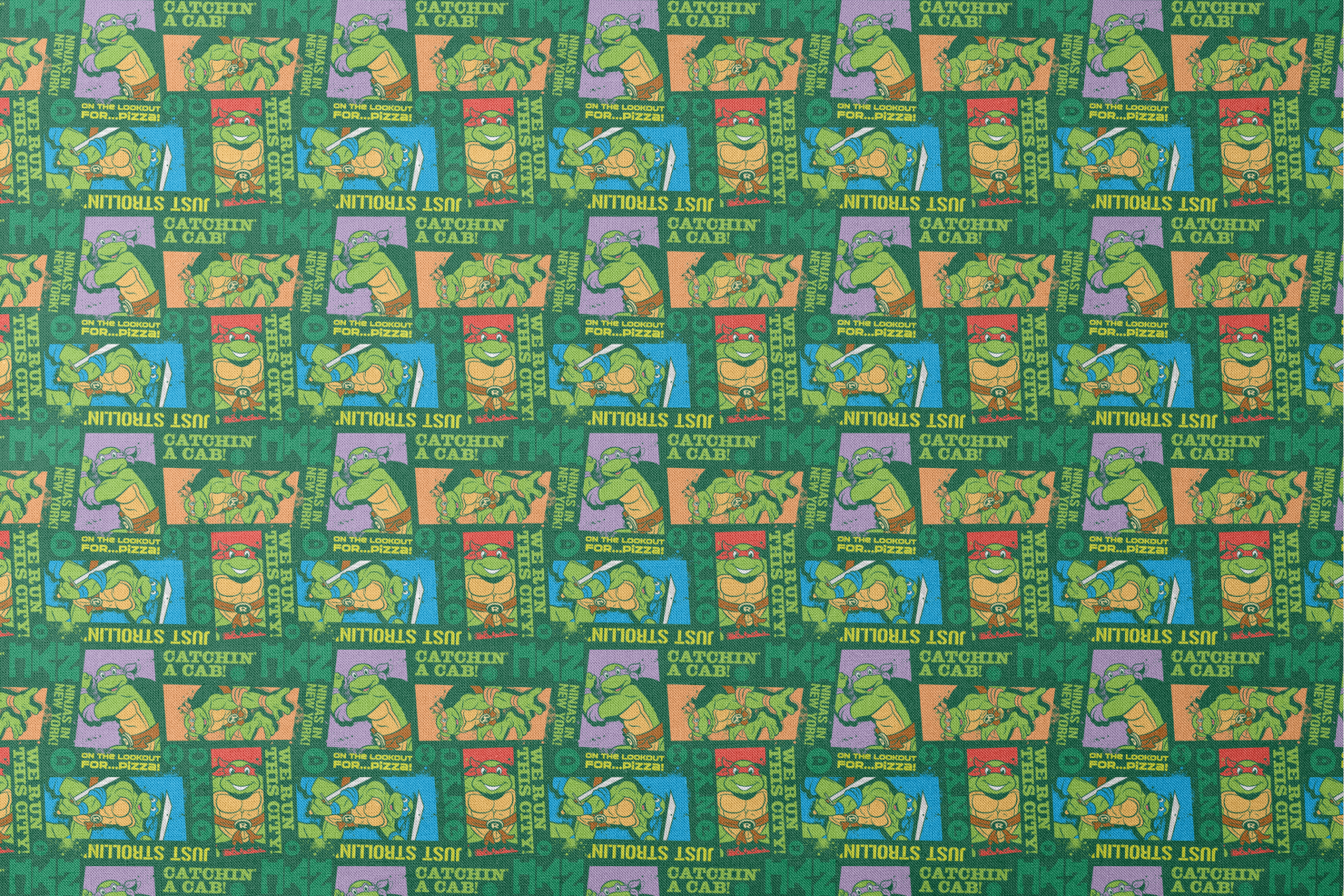 Teenage Mutant Ninja Turtles comic-style panels with phrases like "Catchin' a cab!" and "On the lookout for pizza!" on green background designs flat mockup