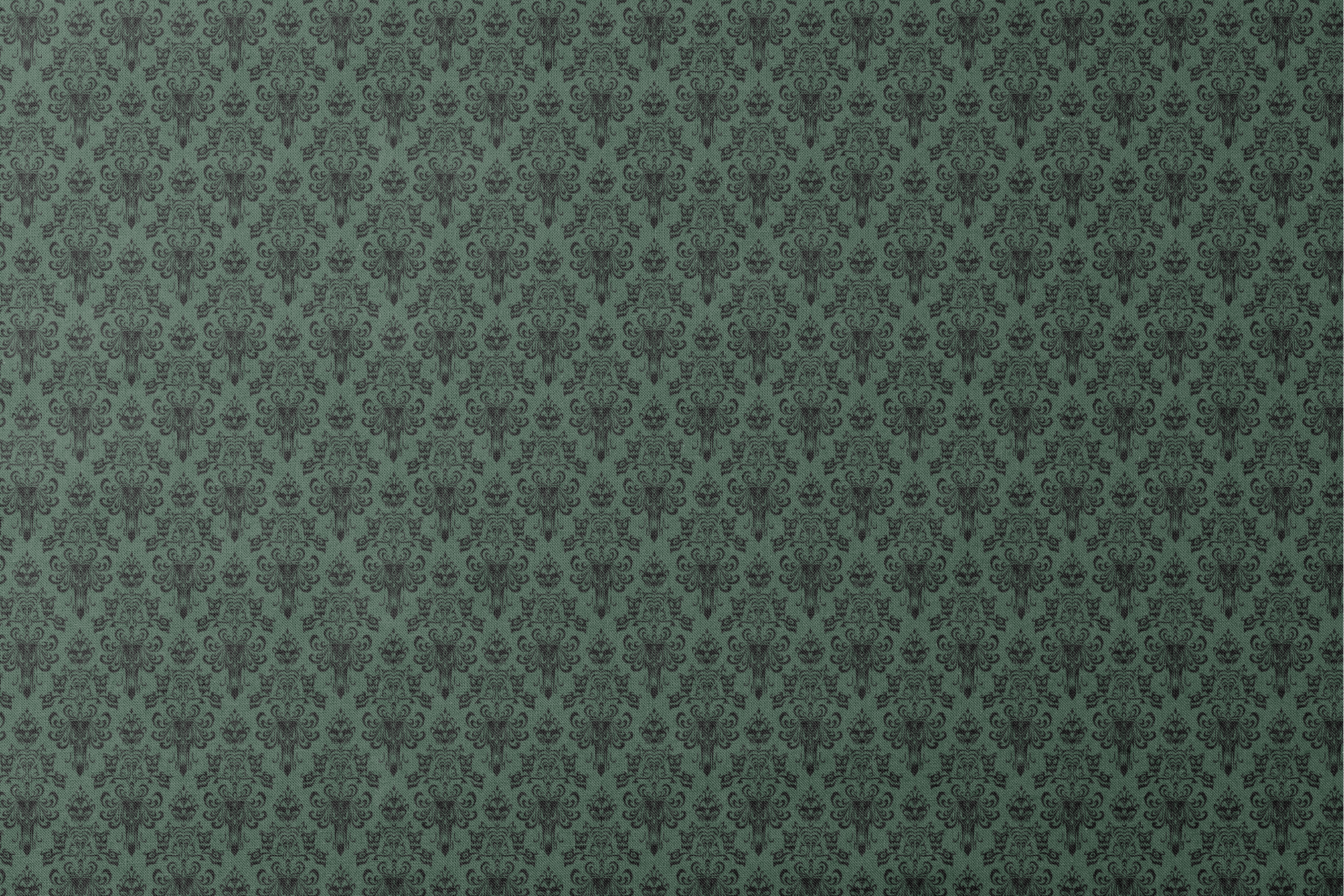 The image shows an elegant Victorian or Gothic-style damask pattern in black against a dark green background. The repeating ornate design features intricate scrollwork, flourishes, and symmetrical decorative elements arranged in a traditional wallpaper or textile pattern style. designs flat mockup