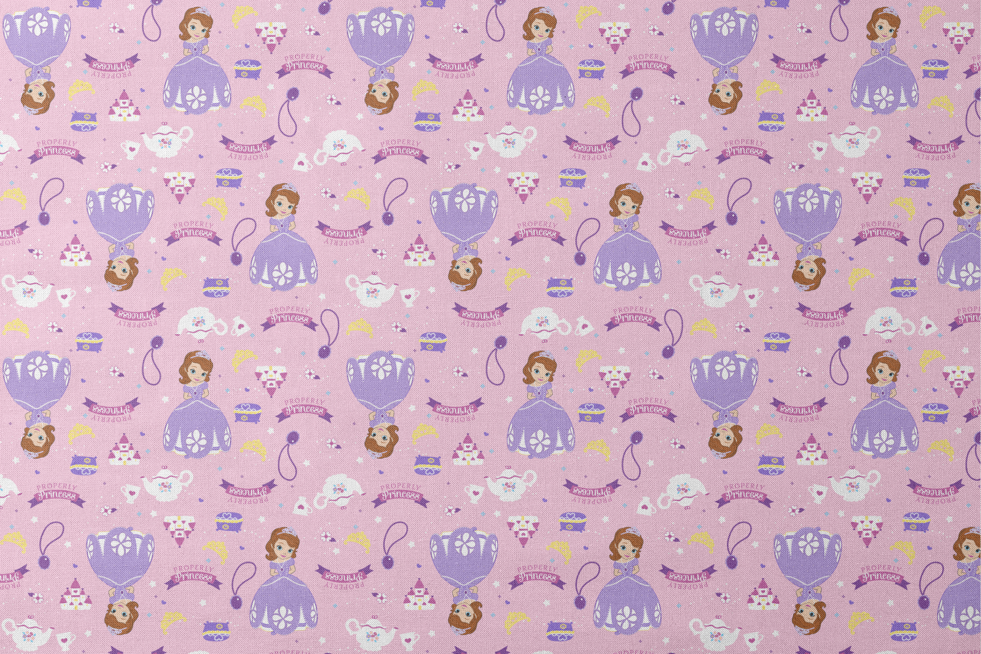 Princess-themed pattern with purple dresses, tiaras, teapots, and banners on pink background designs flat mockup