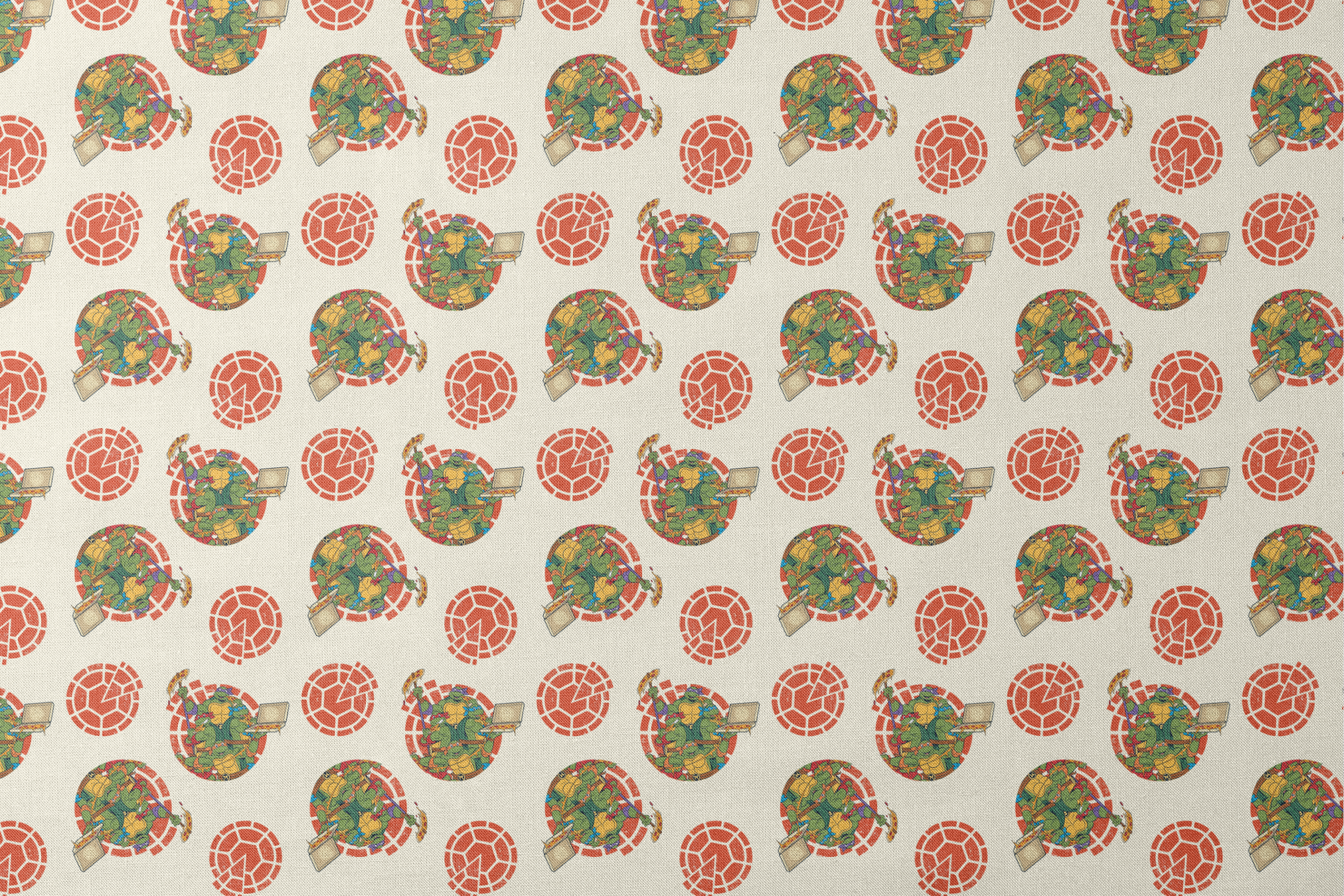 TMNT characters in circular formations on cream background with red shell pattern designs flat mockup