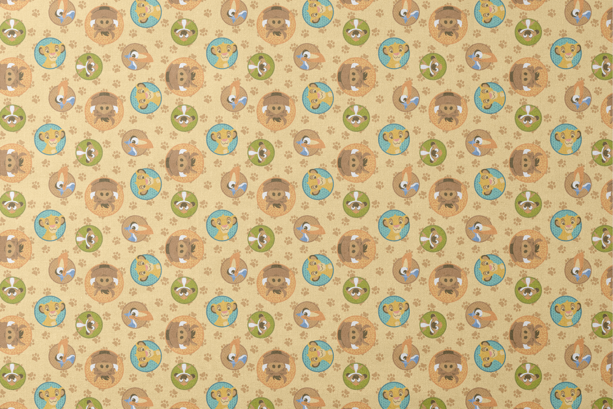 Cartoon animal faces in circular frames on beige background with paw prints - lion, monkey, dog, bird designs flat mockup