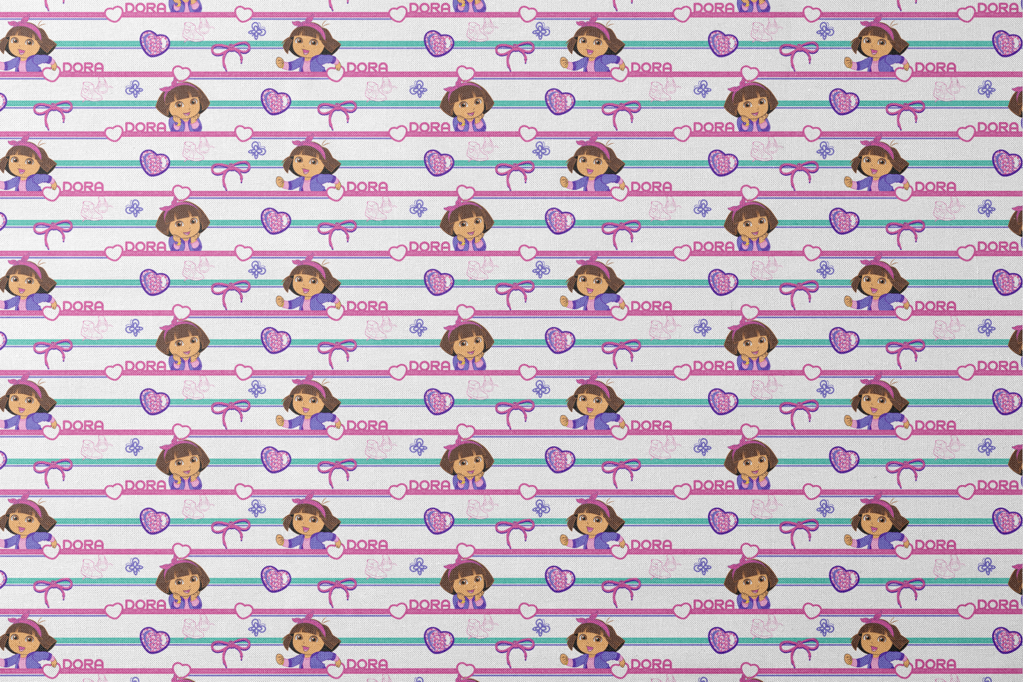 Colorful Dora the Explorer pattern with horizontal stripes featuring purple hearts, bows, butterflies, and "DORA" text on pink and green backgrounds designs flat mockup