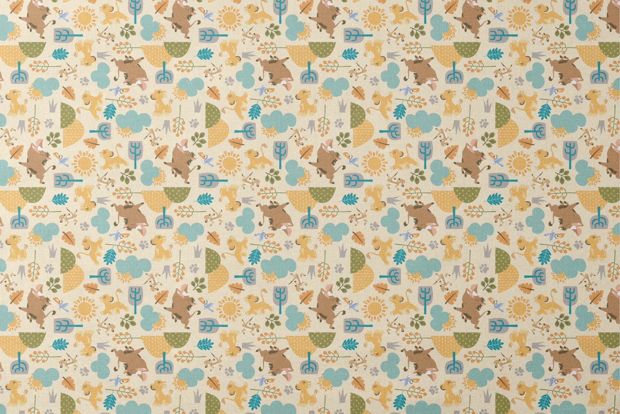 Playful Lion King pattern with brown bears, yellow puppies, blue clouds, stylized trees, and sun motifs on cream background designs flat mockup