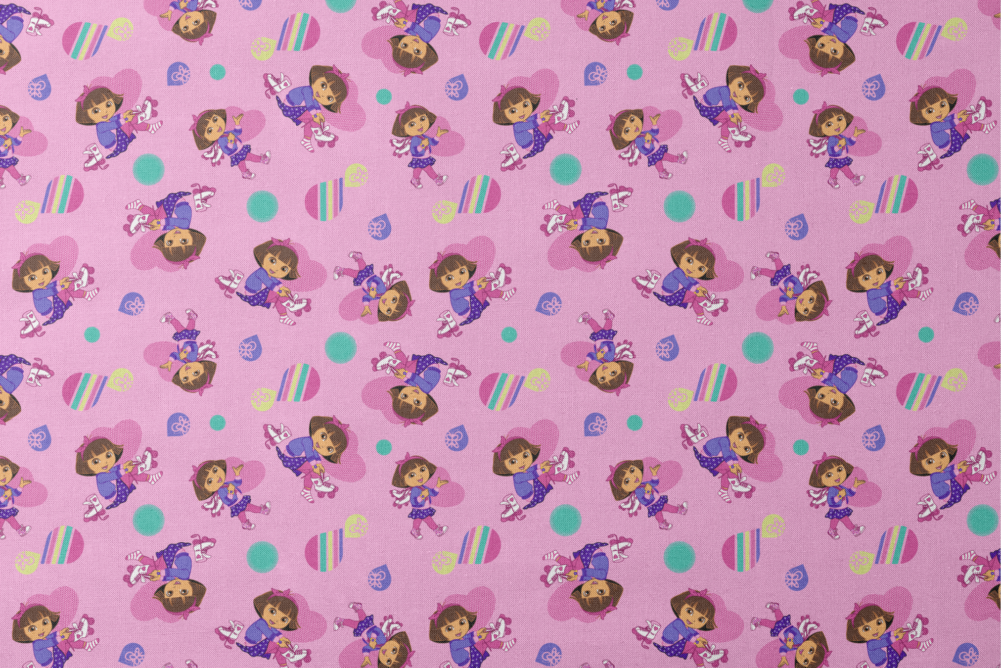 Dora the Explorer pattern with purple background, colorful polka dots and striped shapes designs flat mockup