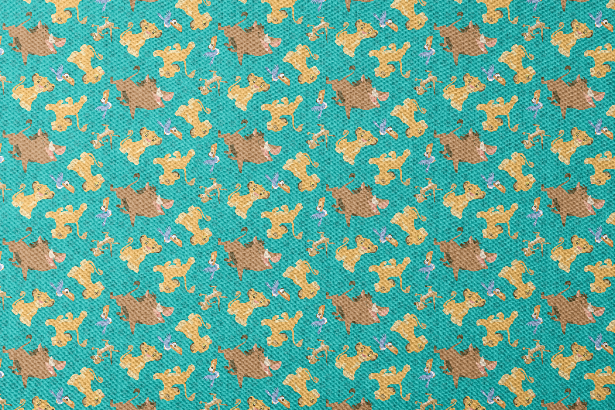 Cartoon Lion King characters pattern with Simba, Pumbaa and others on turquoise paw print background designs flat mockup